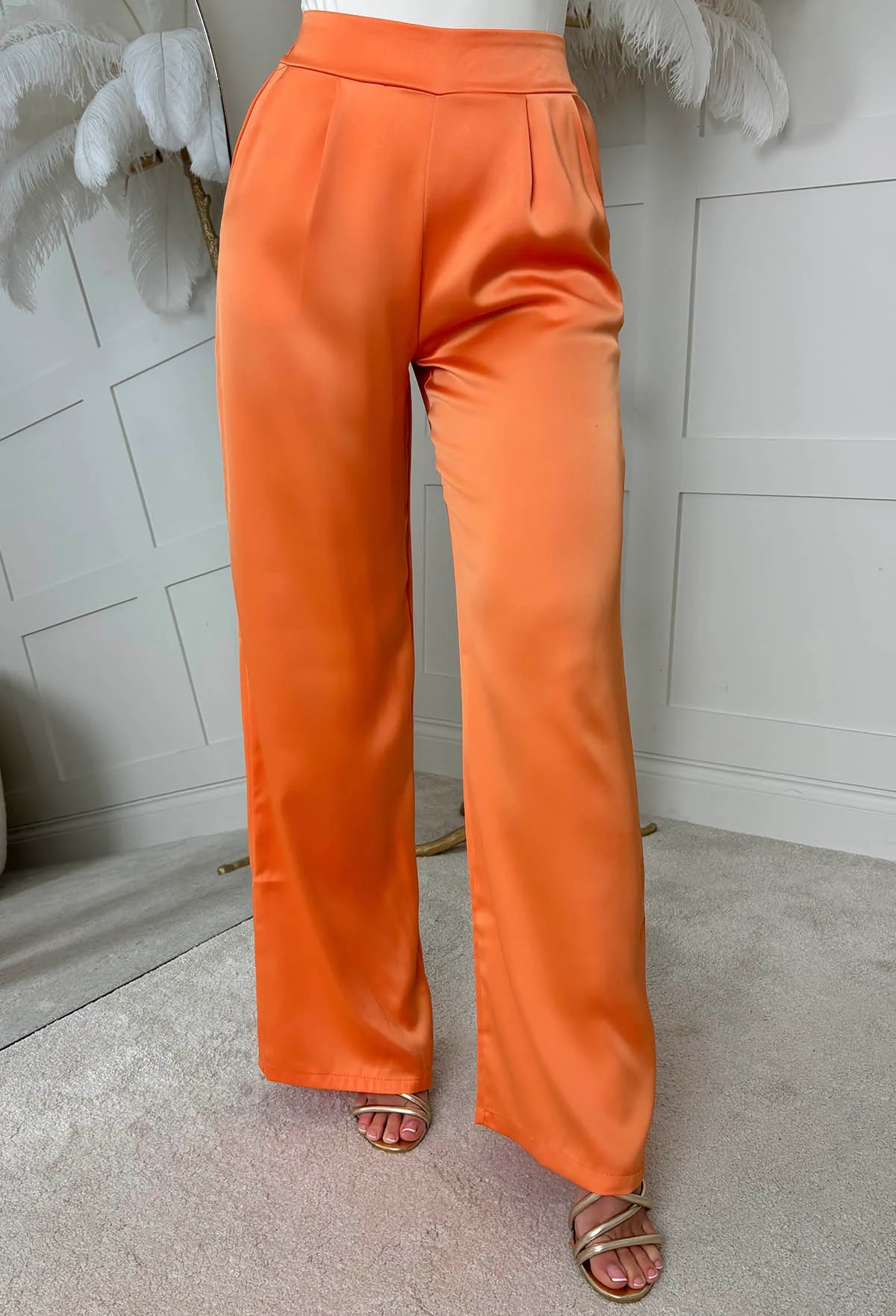 Satin Days Orange Satin Elasticated Wide Leg Trousers - Image 4