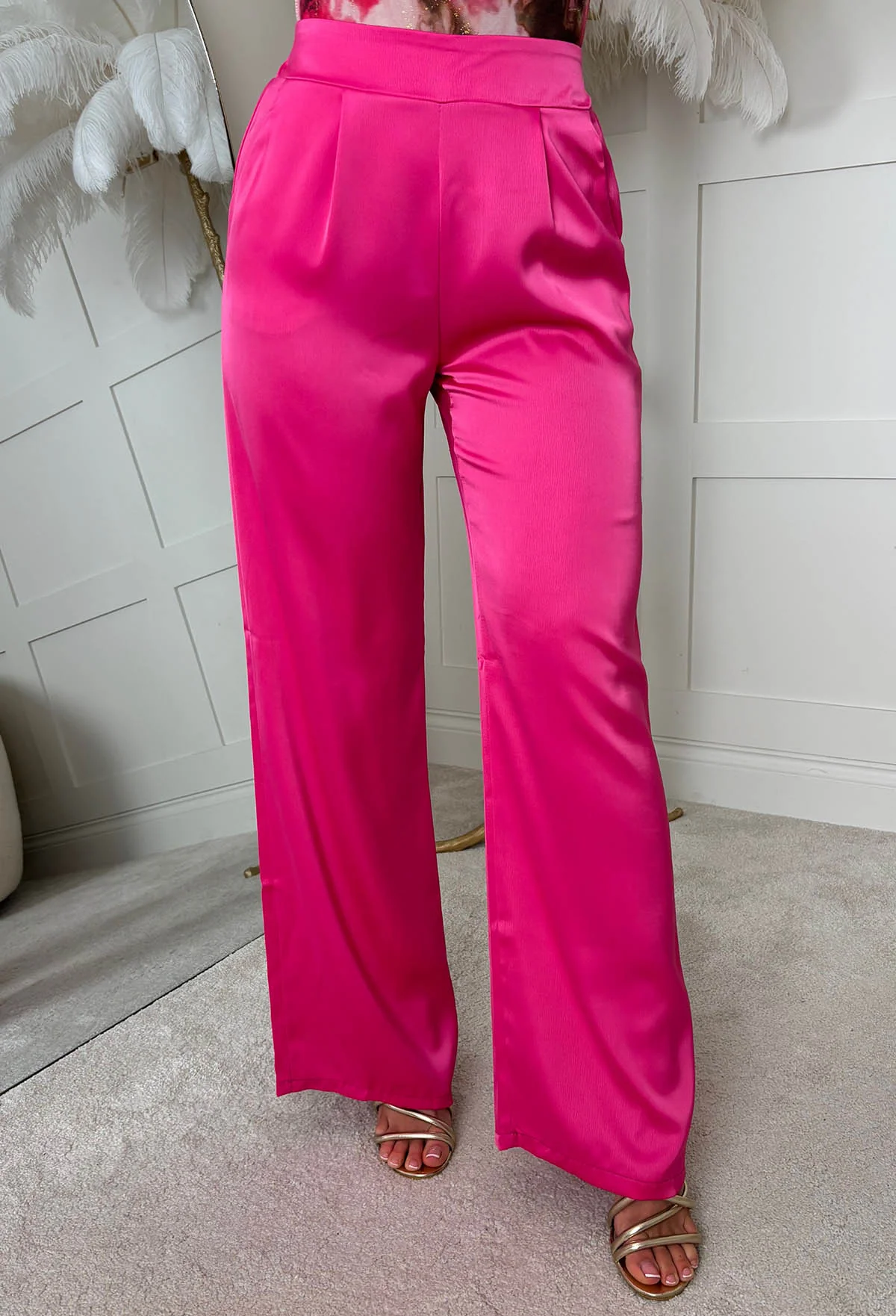 Satin Days Hot Pink Satin Elasticated Wide Leg Trousers - Image 3