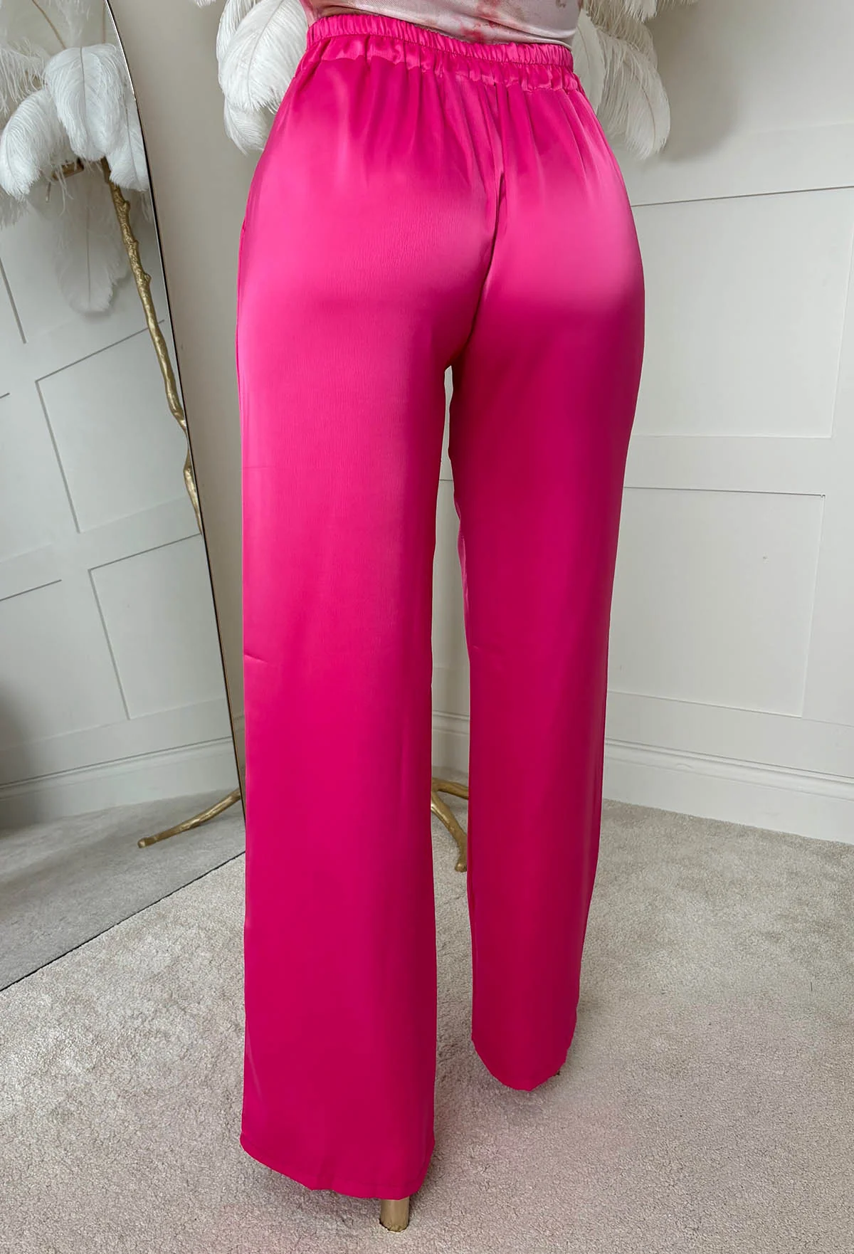 Satin Days Hot Pink Satin Elasticated Wide Leg Trousers - Image 4