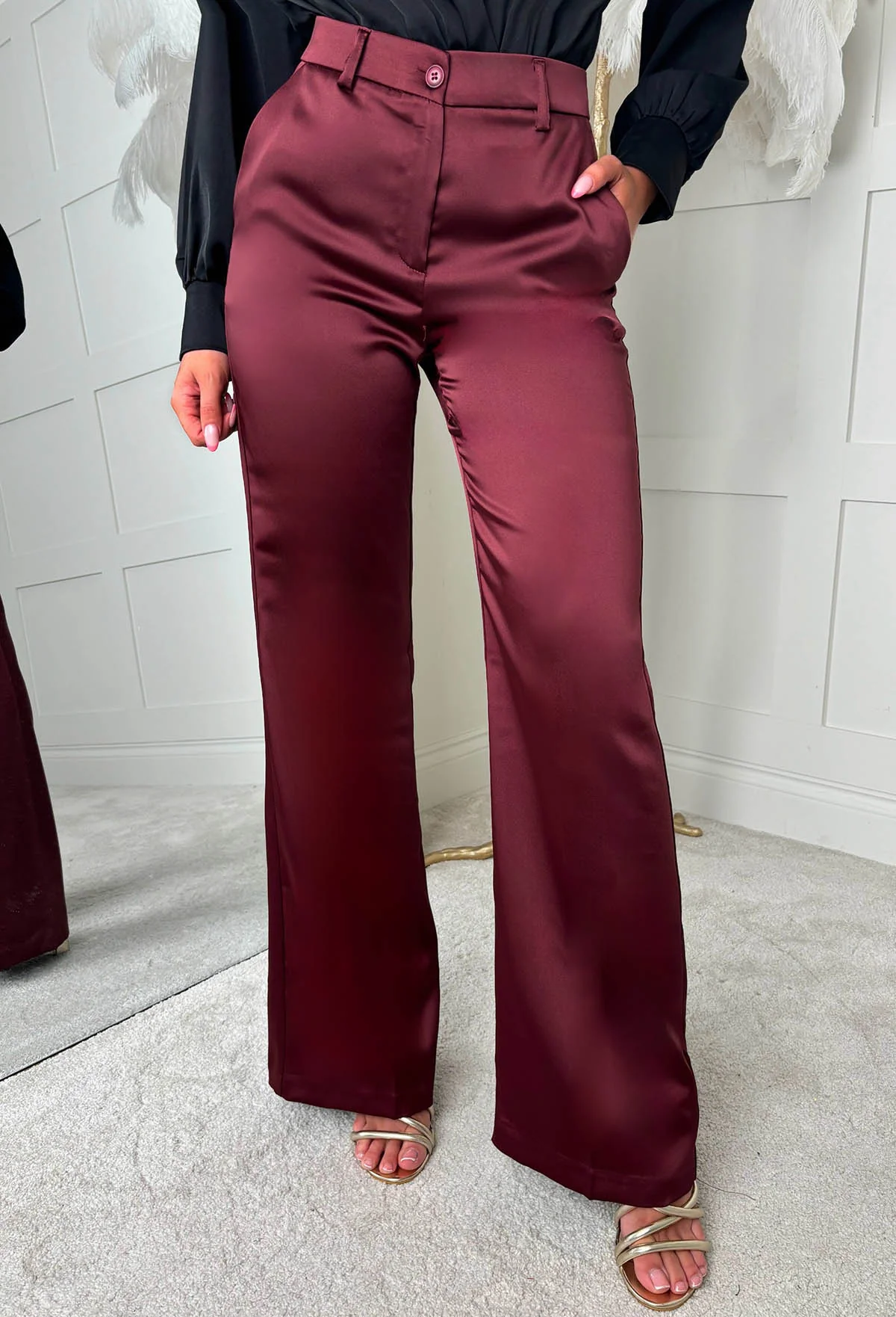 Satin Illusion Burgundy Satin Trousers - Image 2