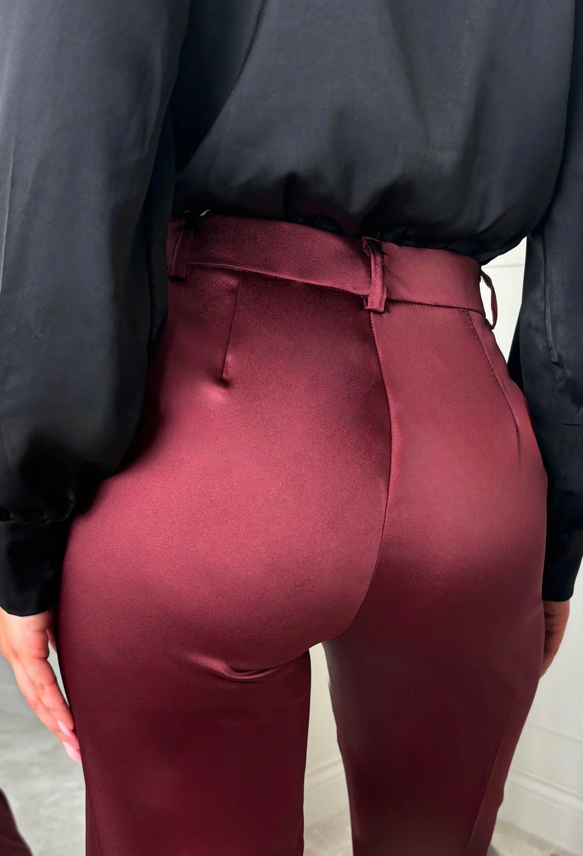 Satin Illusion Burgundy Satin Trousers - Image 4