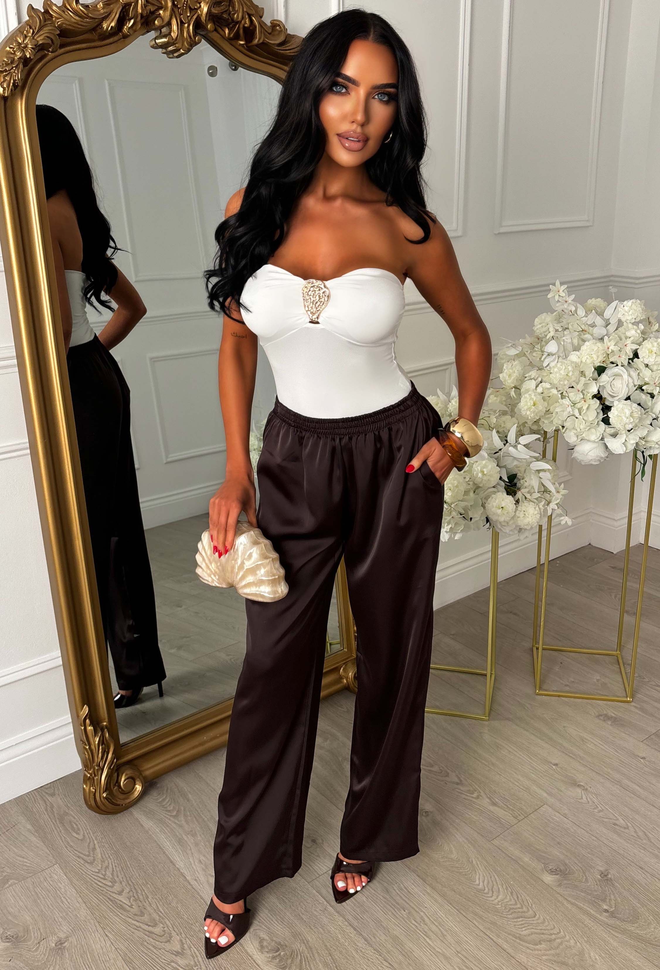 Satin Satisfaction Brown Elasticated Drawstring Trouser - Image 2