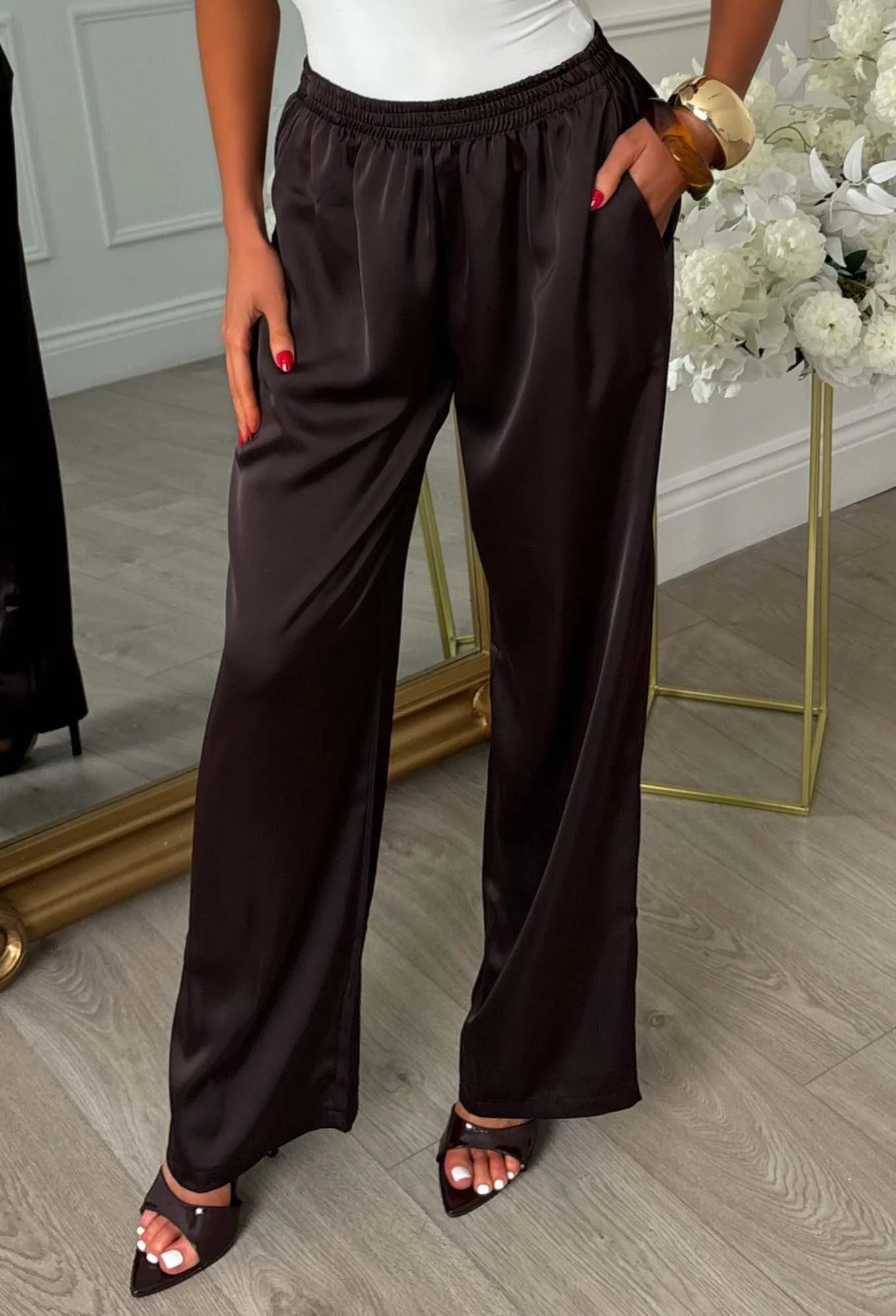Satin Satisfaction Brown Elasticated Drawstring Trouser - Image 3