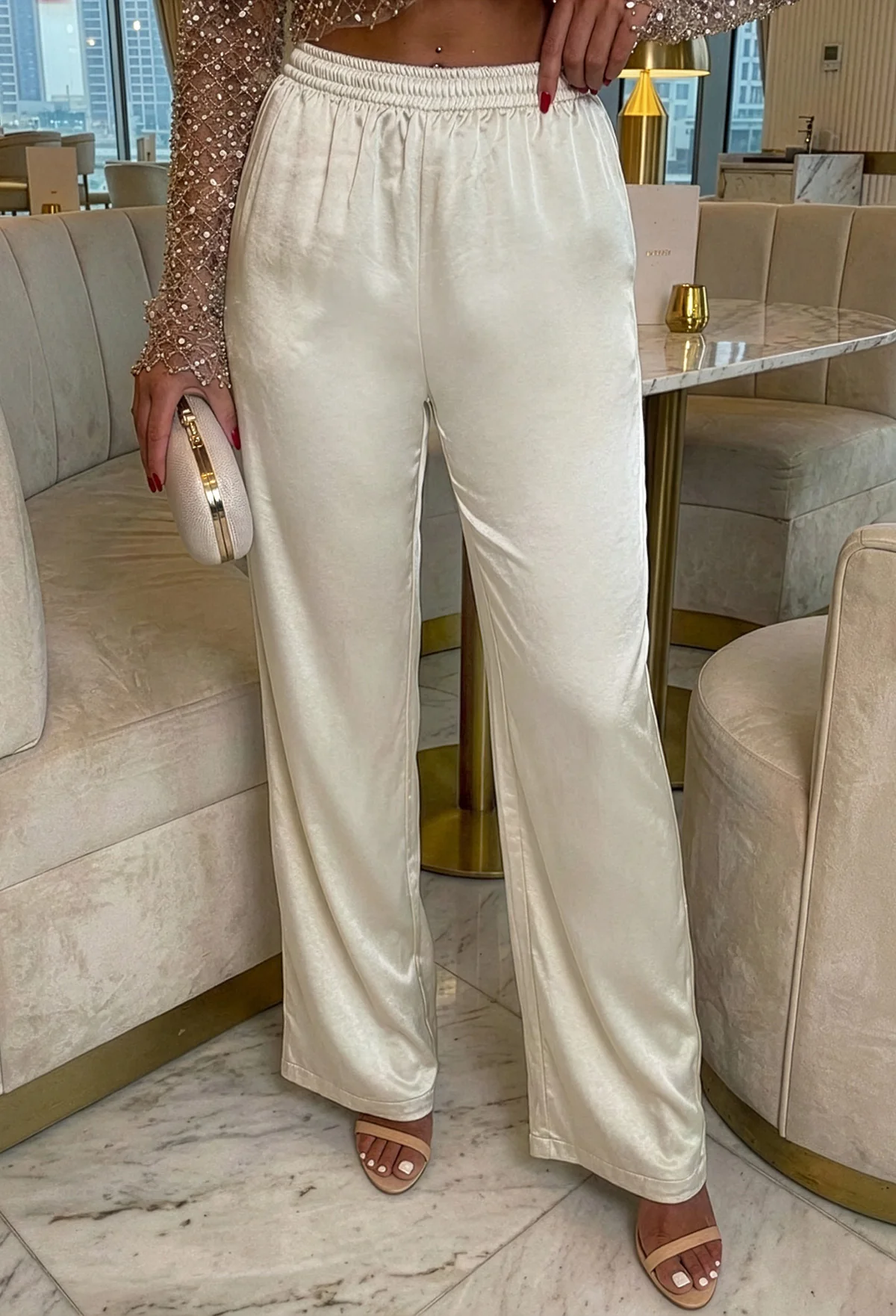 Satin Satisfaction Cream Elasticated Drawstring Trouser - Image 2