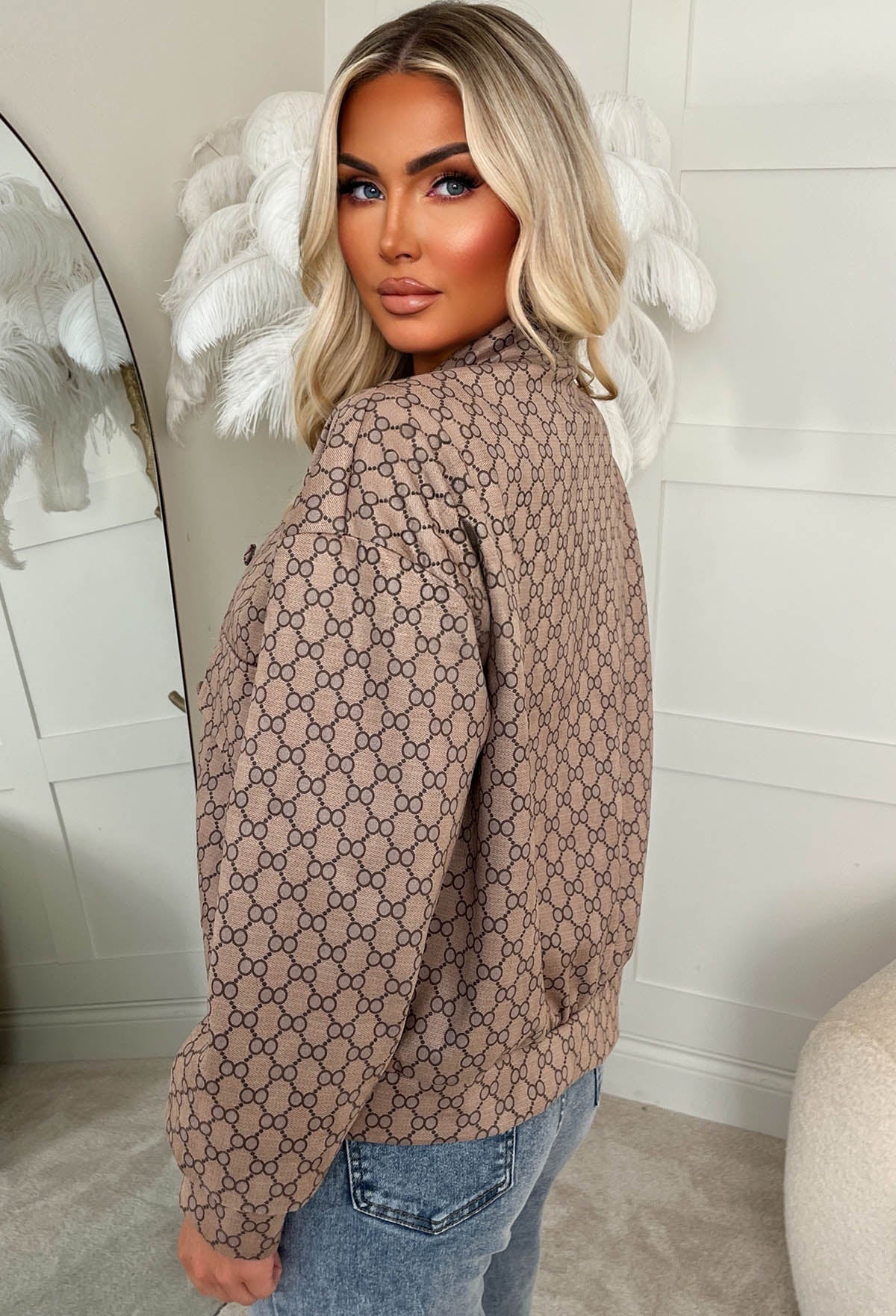 Secret Style Taupe Monogram Printed Bomber Jacket - Image 3