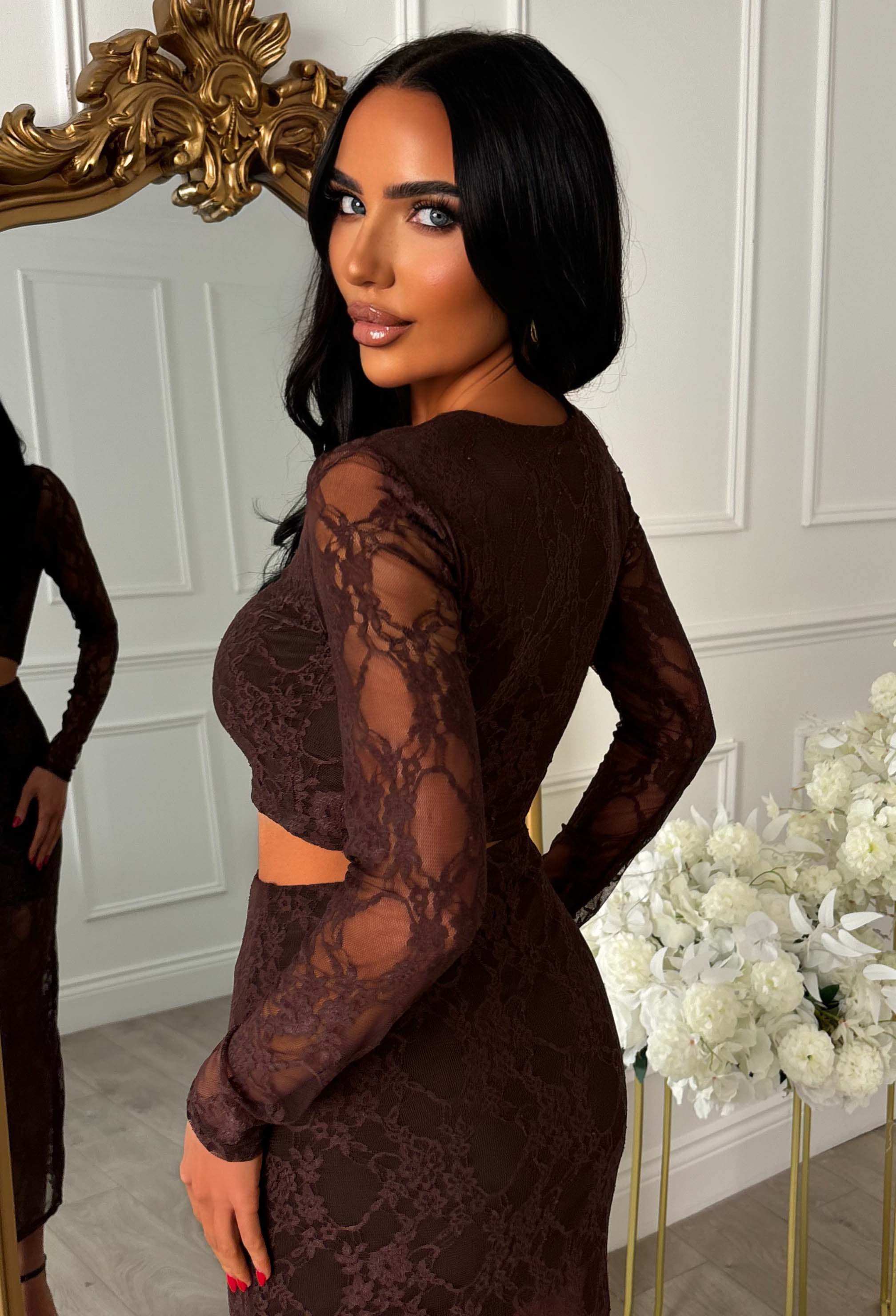 Secrets Exposed Brown Lace Midi Skirt Co-ord Set - Image 3