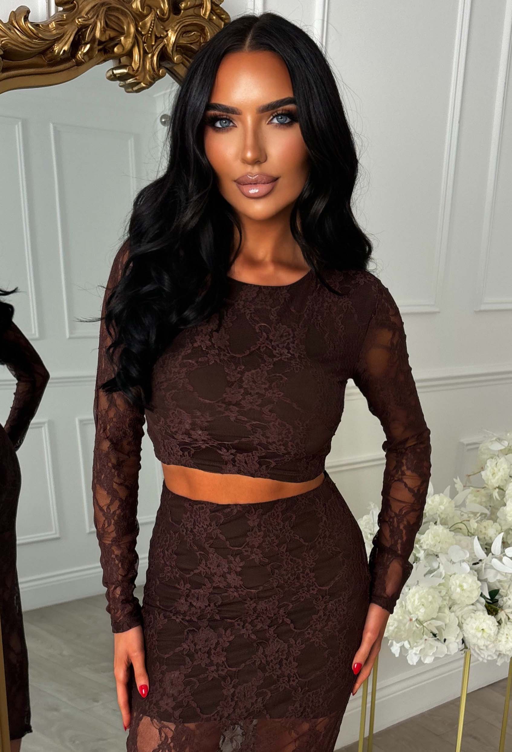 Secrets Exposed Brown Lace Midi Skirt Co-ord Set - Image 4