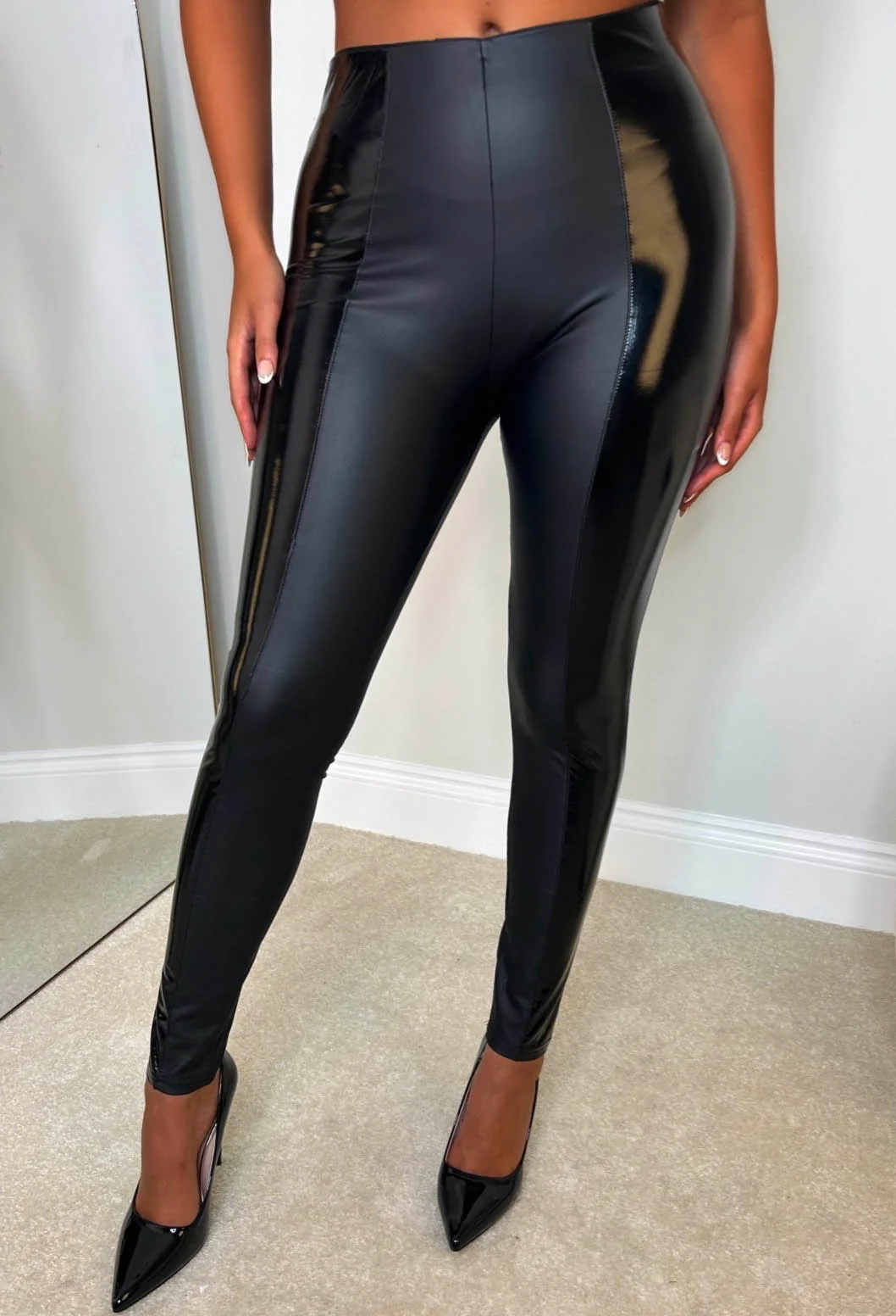 Seductive Chic Black Faux Leather Matte & Shine Leggings - Image 3
