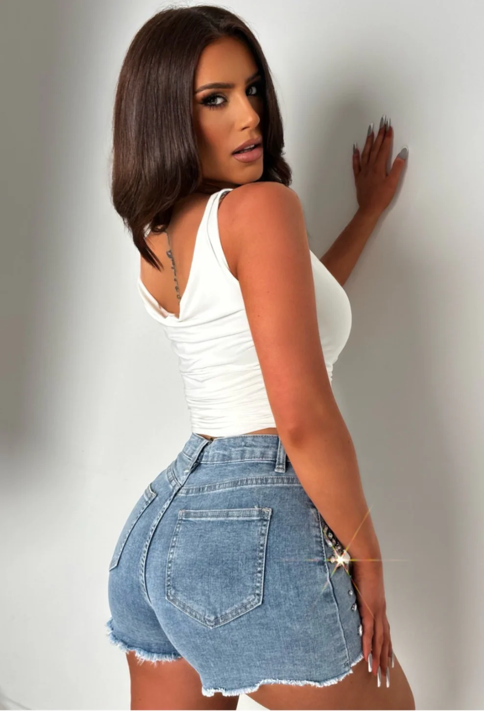 Seductive Denim Light Wash Denim Diamante Shorts - Image 2