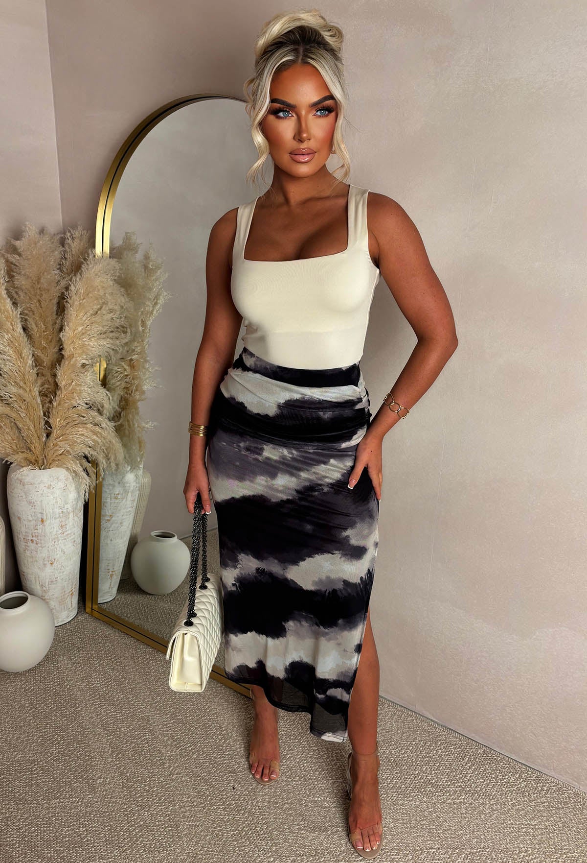 Seductive Diva Black Marble Printed Stretch Mesh Split Skirt - Image 3