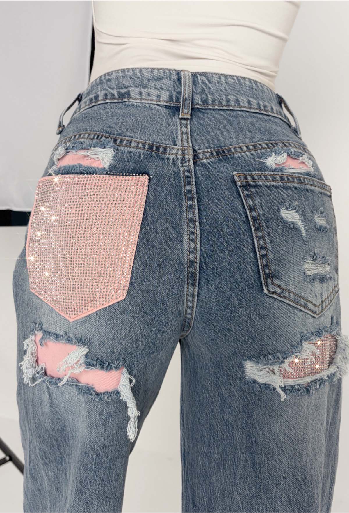 Seek Me Out Mid Blue Ripped Denim Hot Fix Stretch Jeans - Image 3