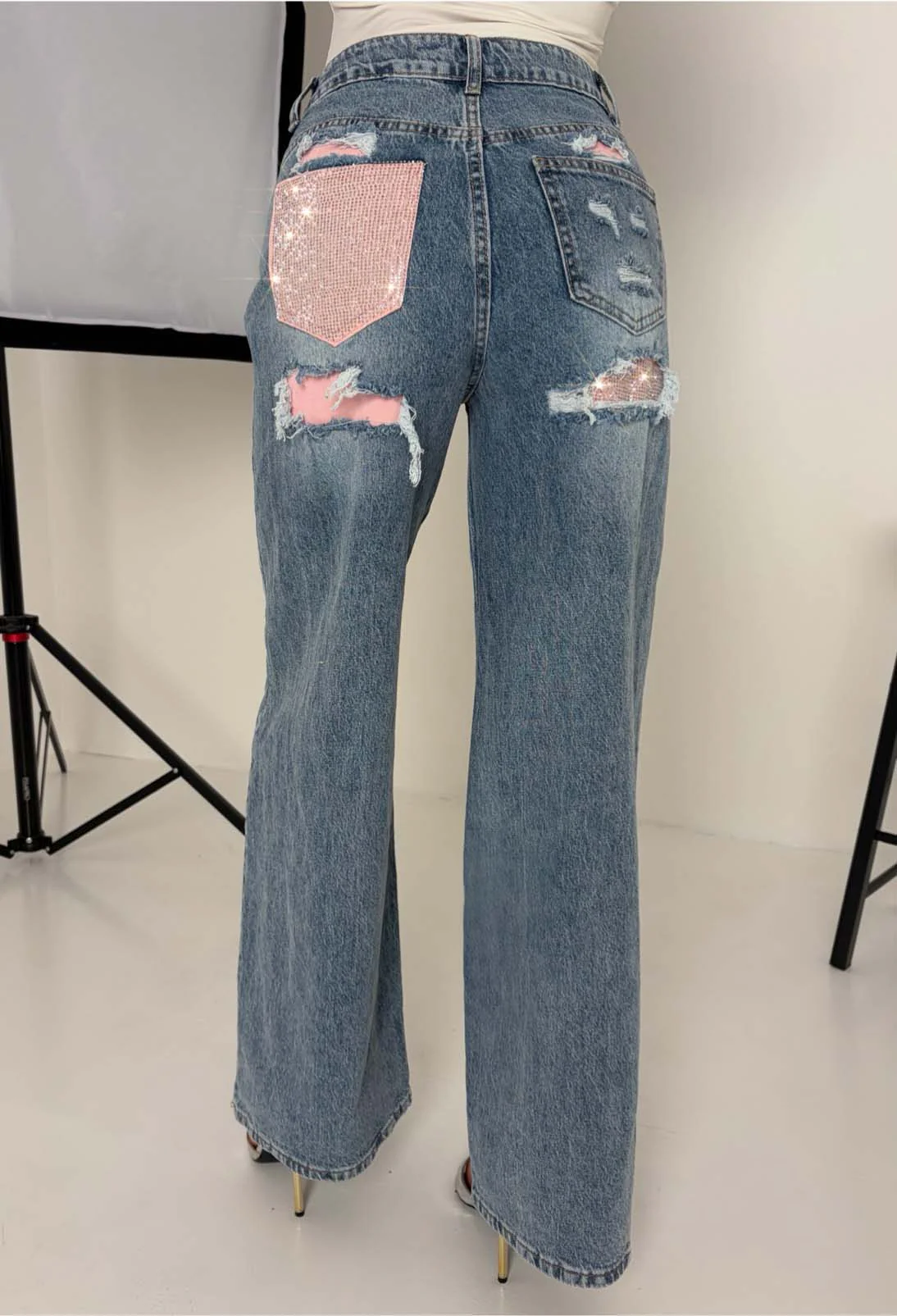 Seek Me Out Mid Blue Ripped Denim Hot Fix Stretch Jeans - Image 4