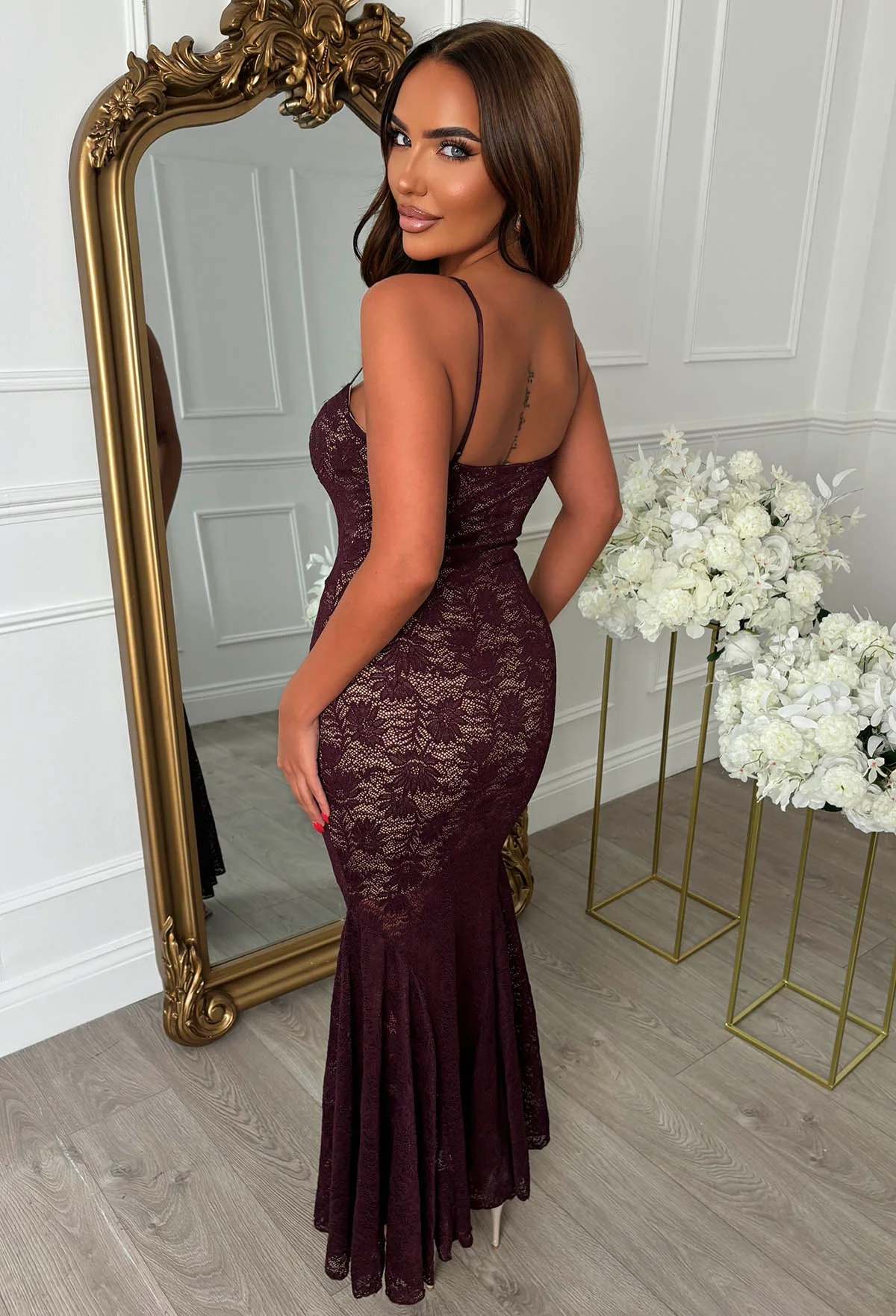 Seraphina Burgundy Lace Maxi Dress - Image 6