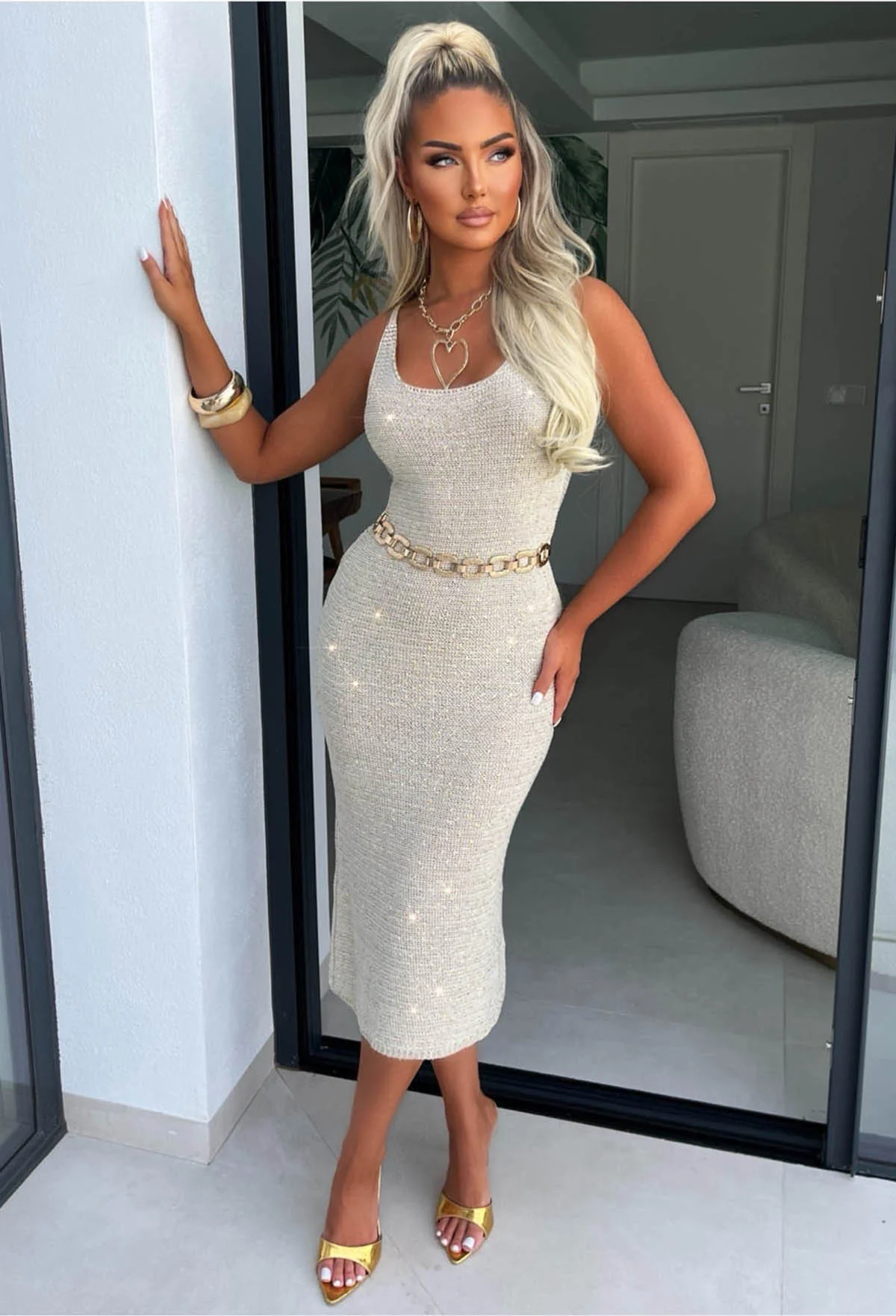 Serene Sands Gold Knitted Sequin Dress - Image 2