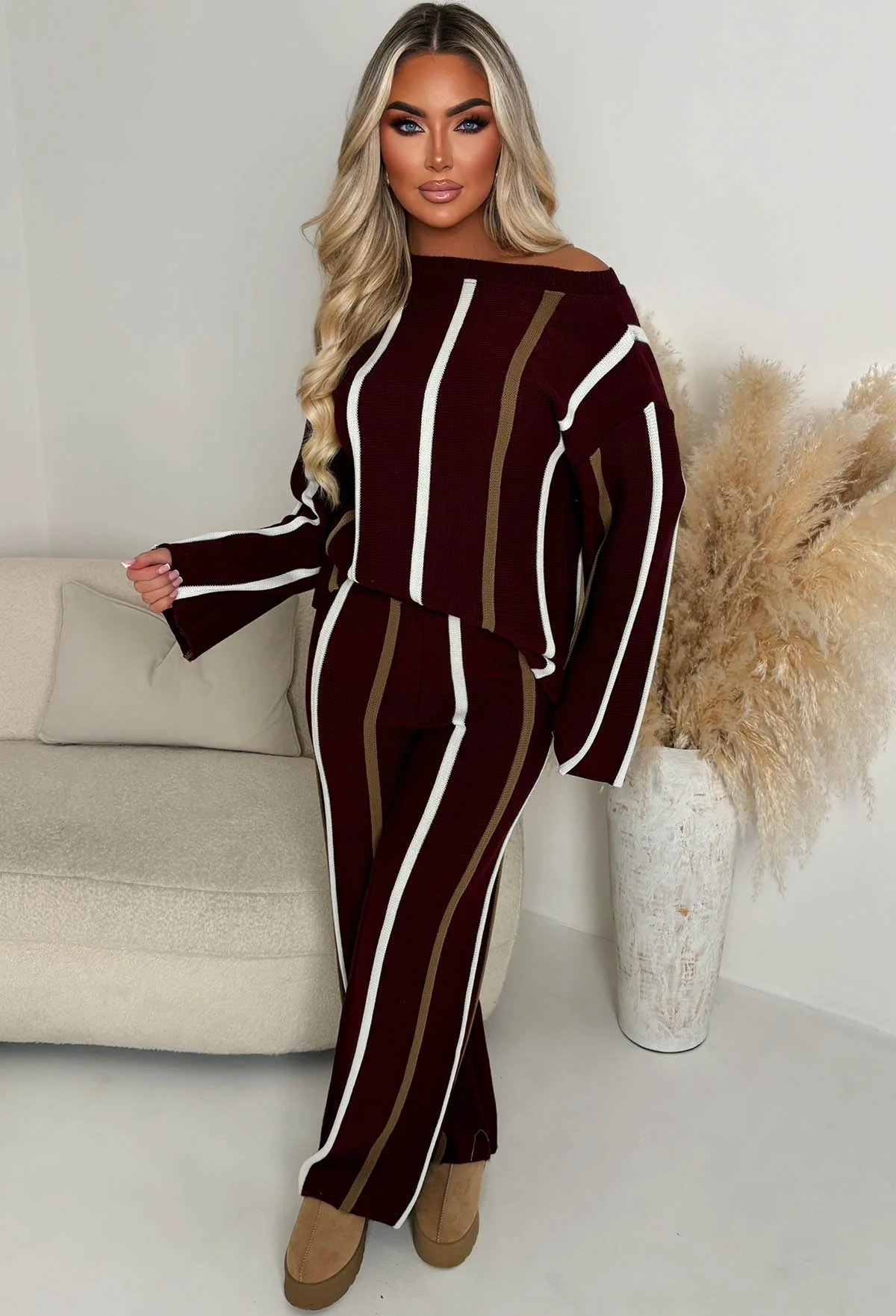 Serene Stripes Wine Knitted Vertical Stripe Co-Ord Set - Image 2