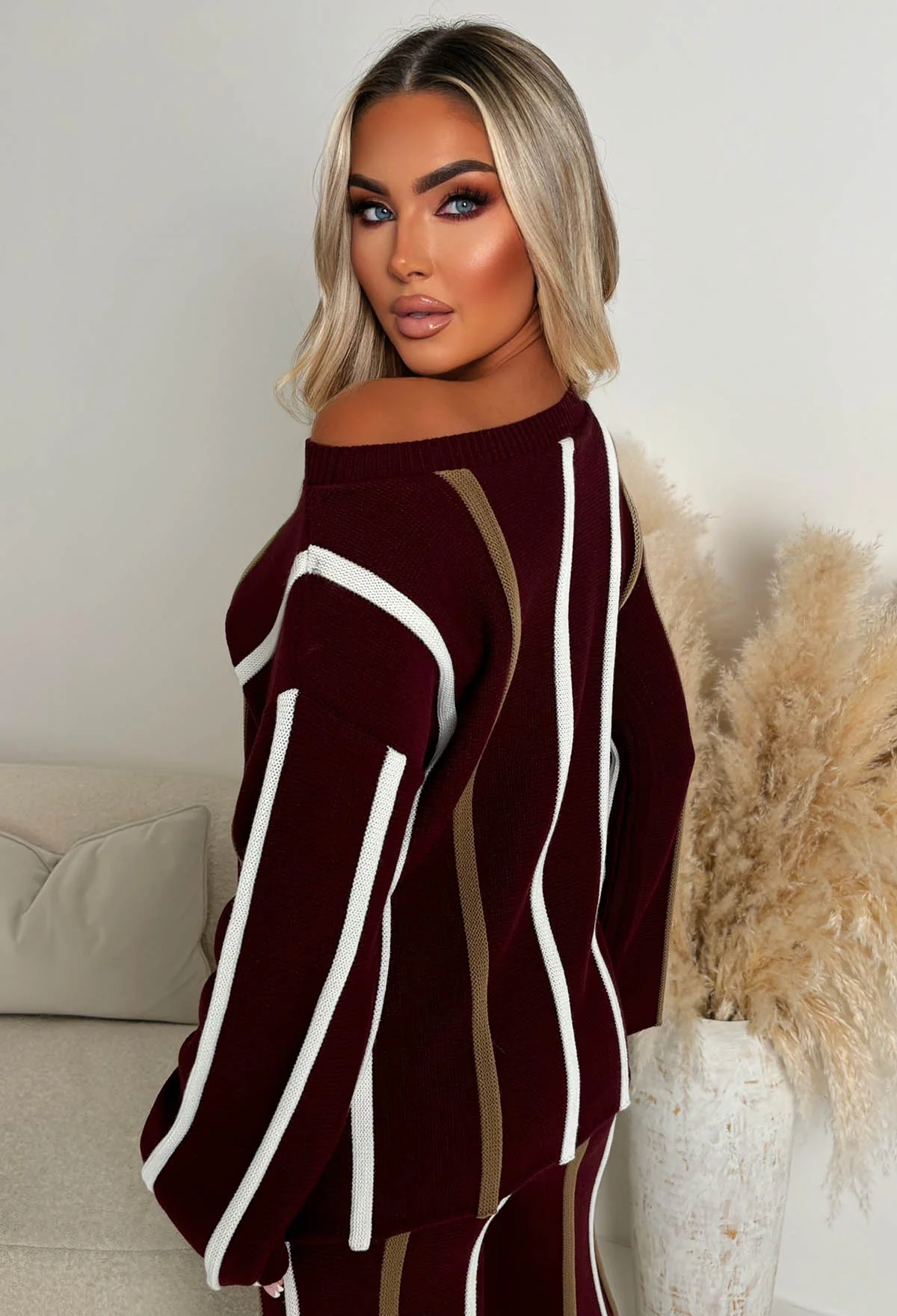 Serene Stripes Wine Knitted Vertical Stripe Co-Ord Set - Image 5