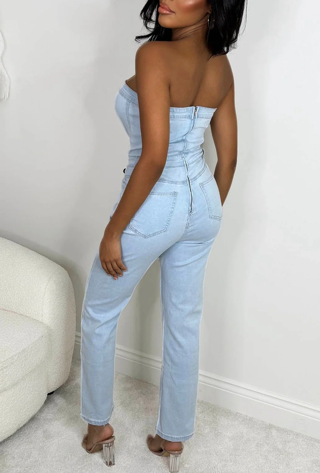 Sexy Blues Light Blue Stretch Denim Bandeau Jumpsuit - Image 3