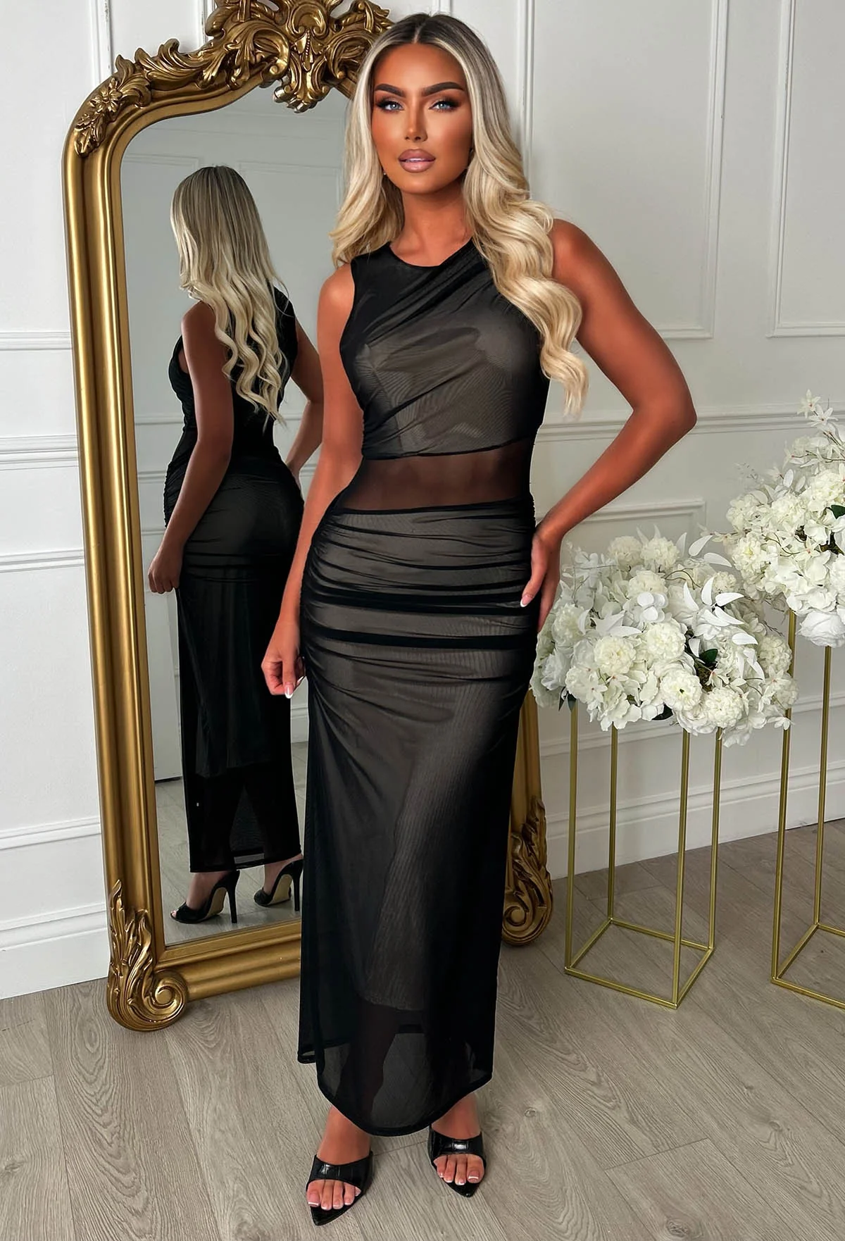 Shadow Seduction Black Ruched Mesh Panel Midaxi Dress