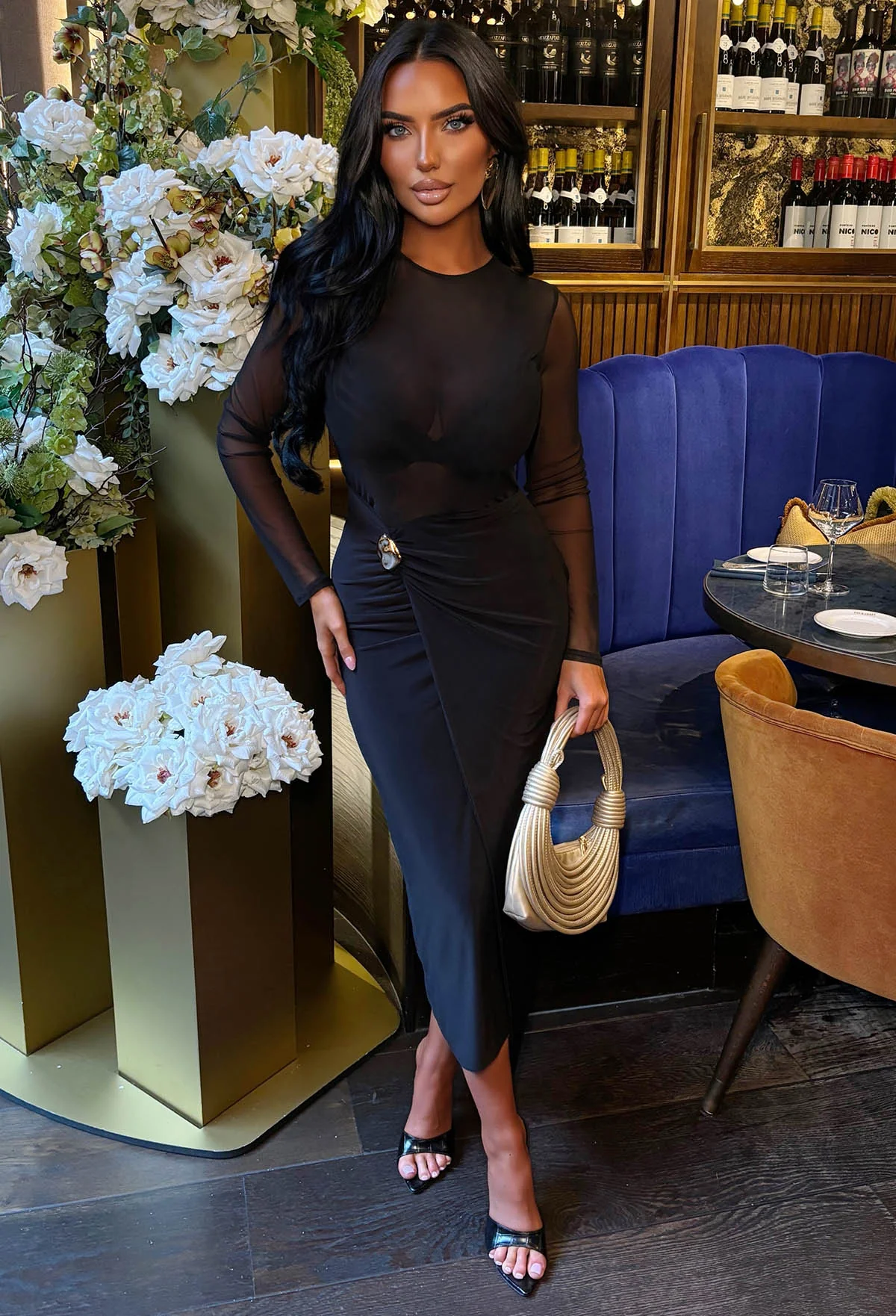 Sheer Deluxe Black Mesh Top Drape Midi Dress - Image 2