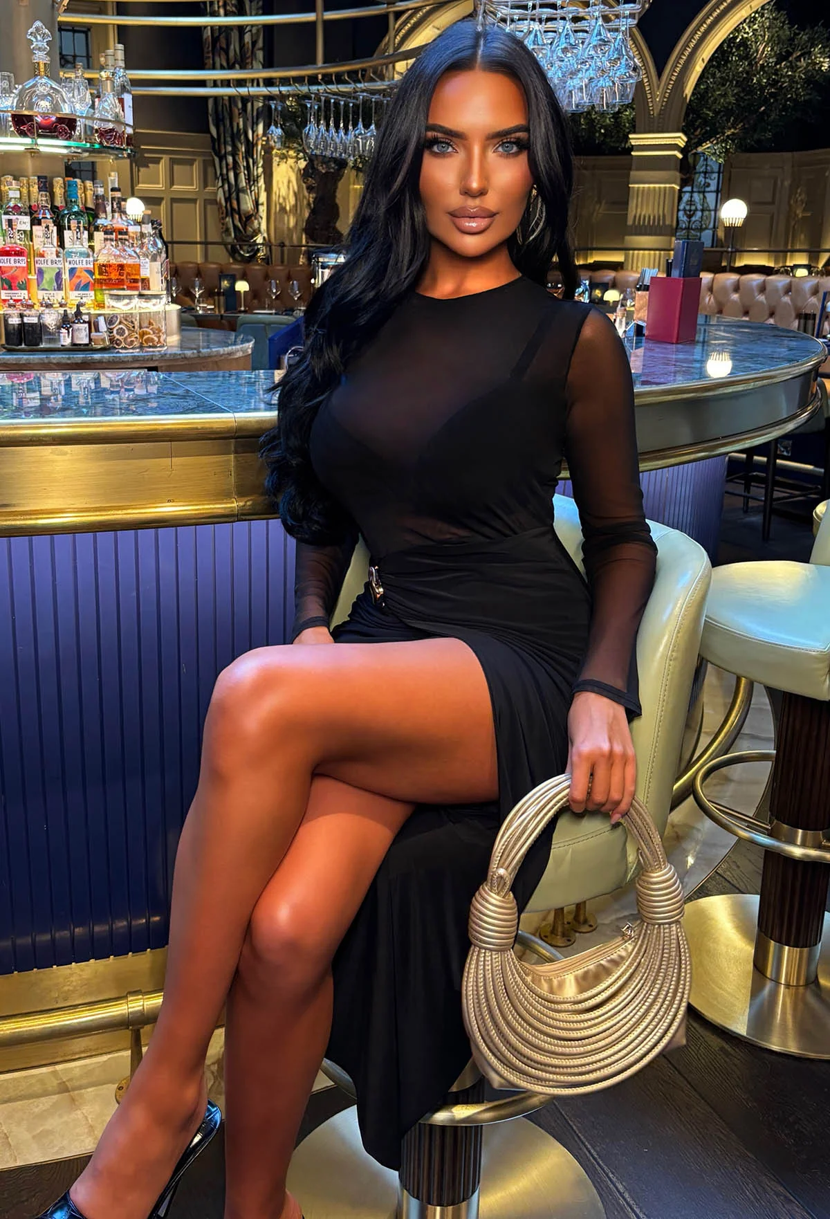 Sheer Deluxe Black Mesh Top Drape Midi Dress - Image 3