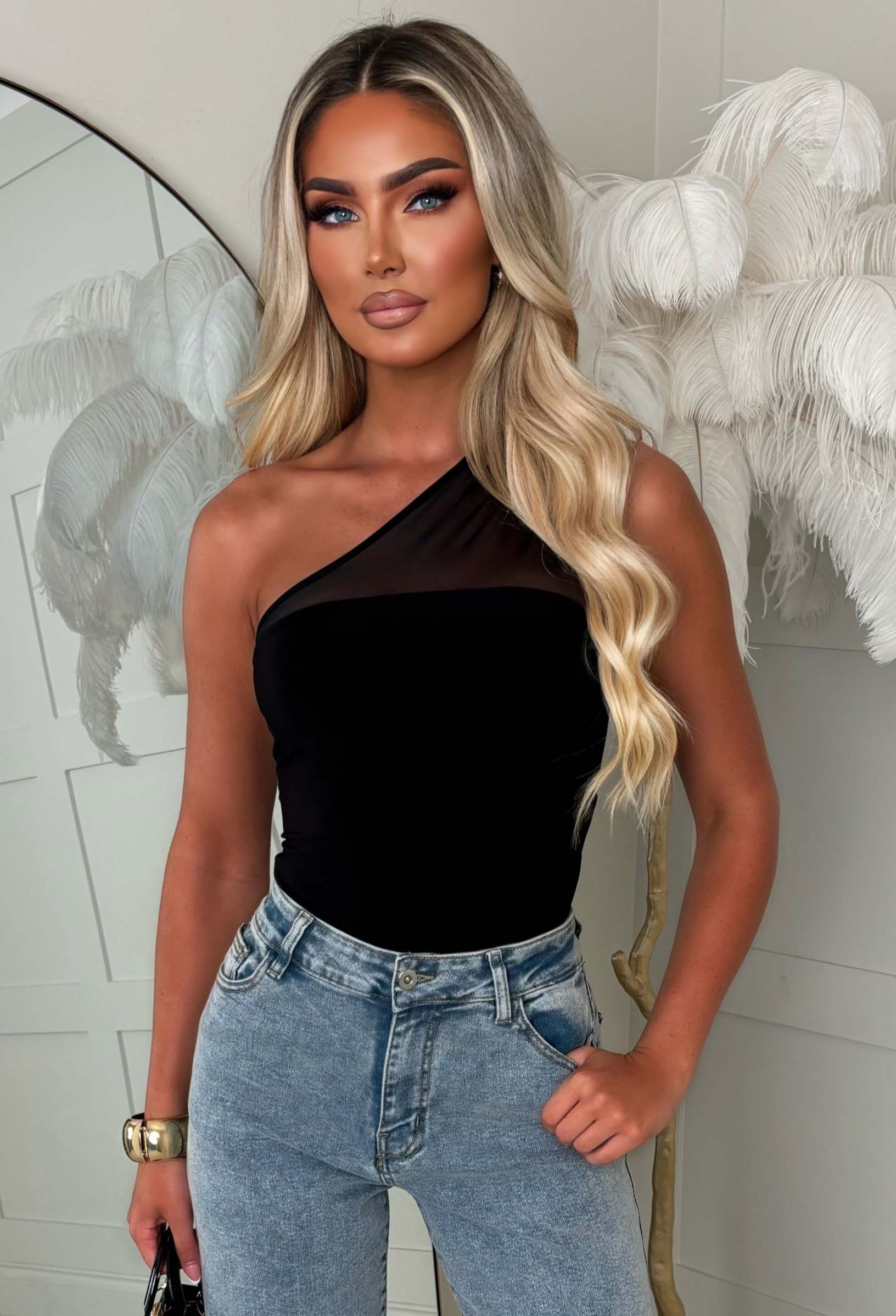 Sheer Desire Black One Shoulder Jersey Mesh Ruched Bodysuit - Image 2
