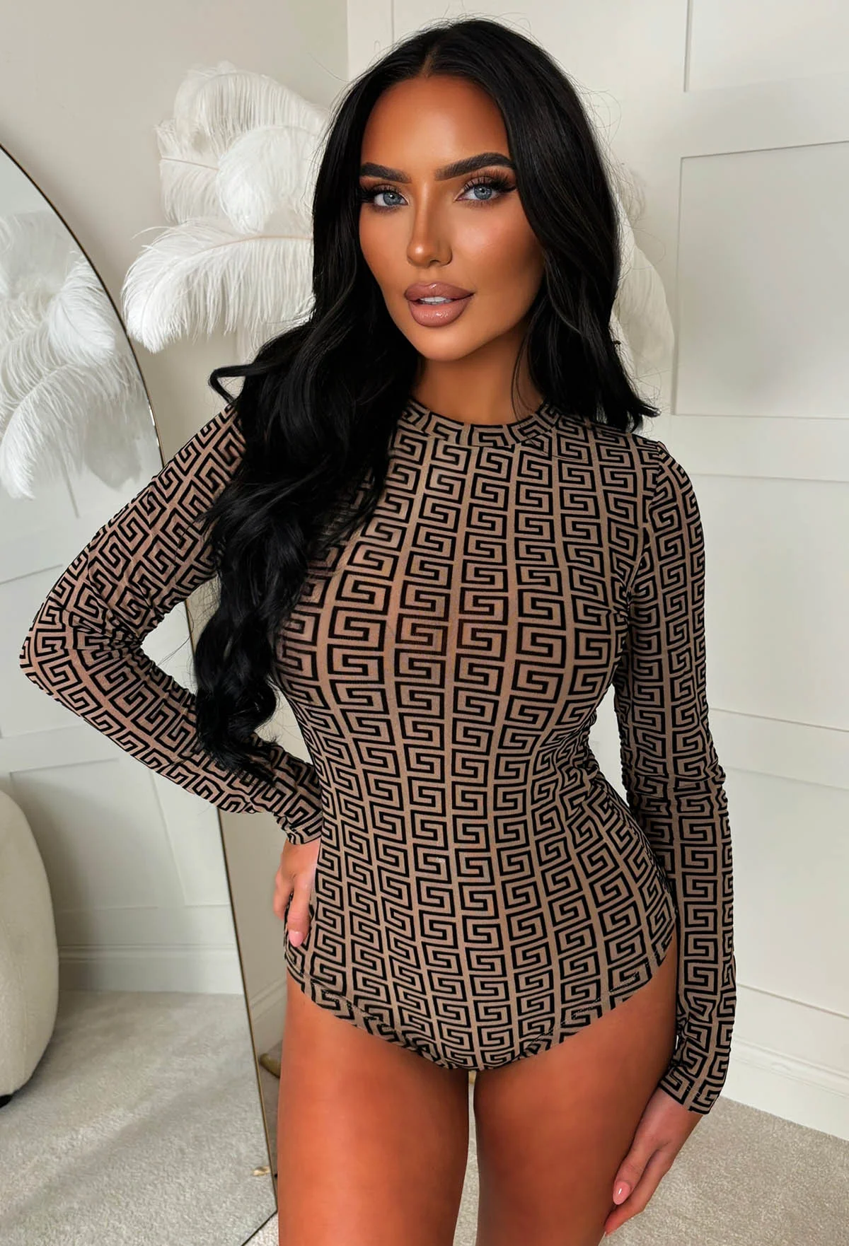 Sheer Power Nude Mesh Velvet Monogram Bodysuit - Image 2