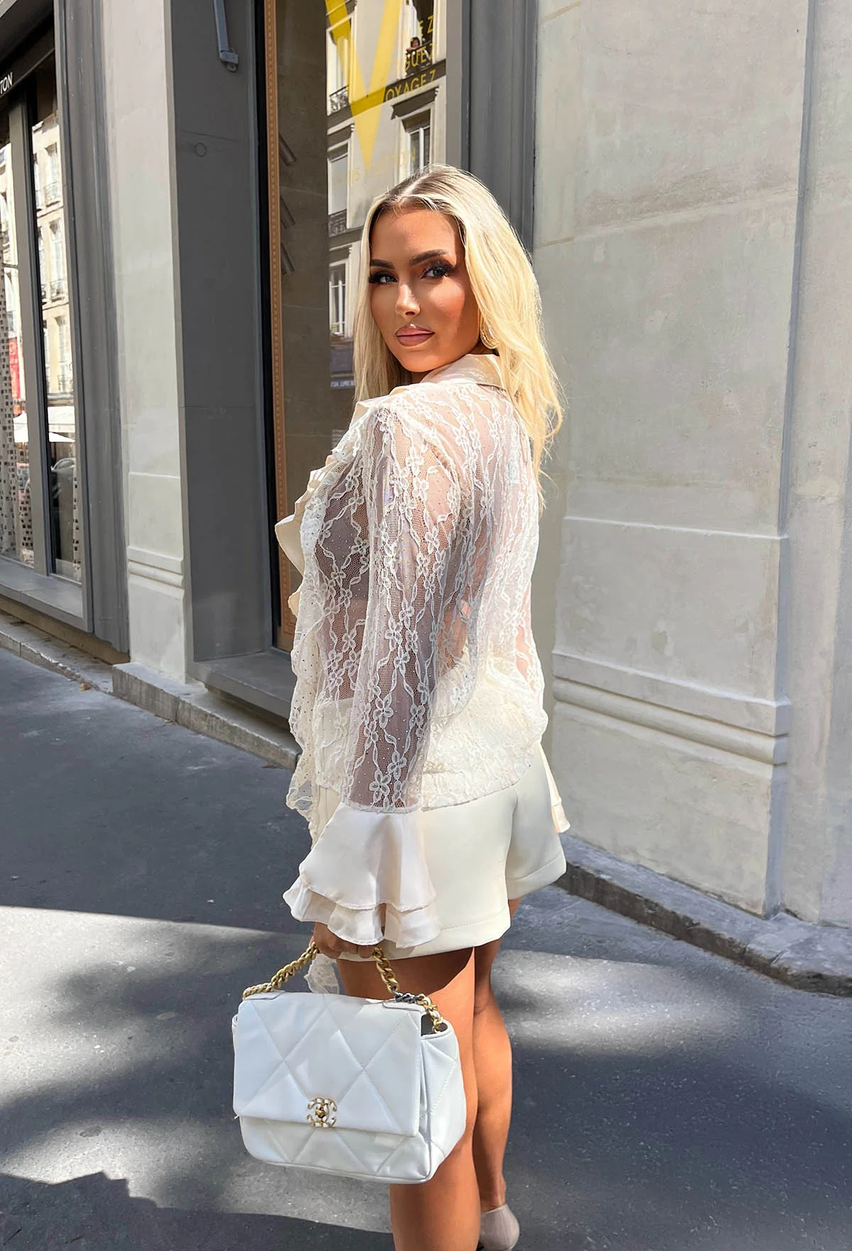 Sheer Statement Cream Lace Frill Shirt - Image 2