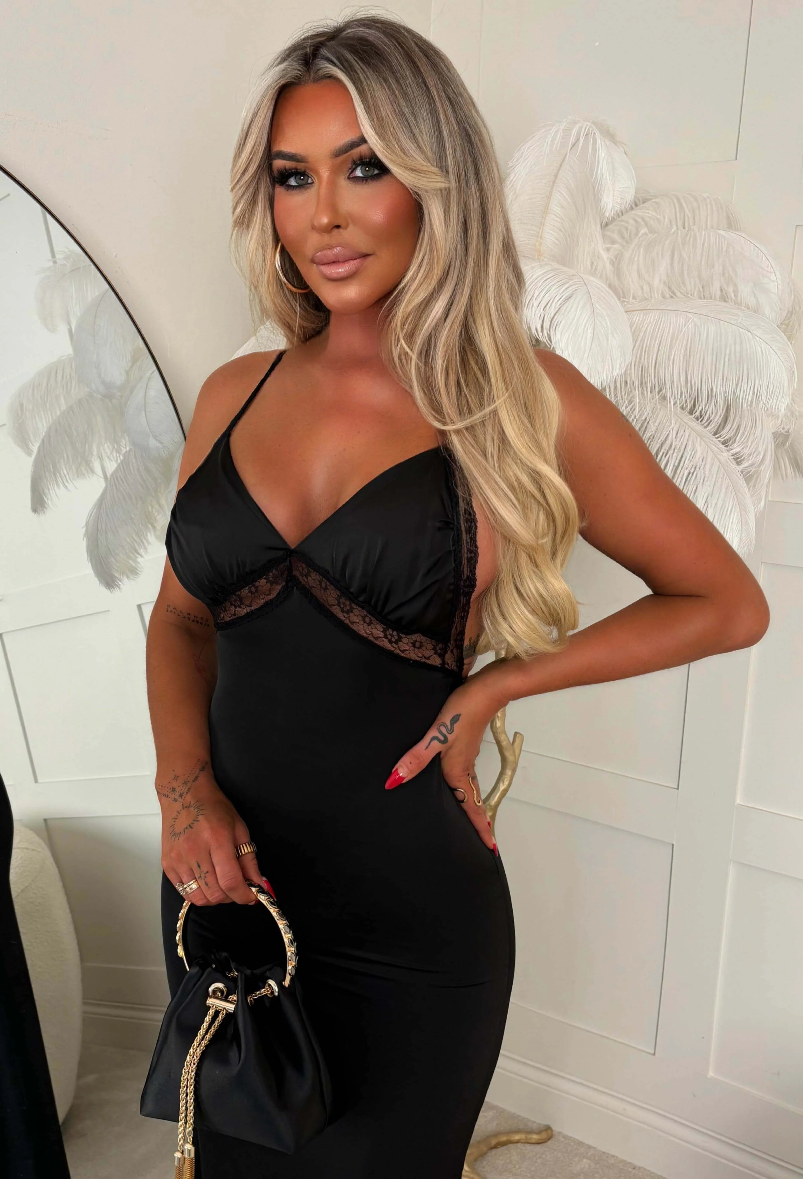 She's A Showstopper Black Satin Lace Maxi Cami Dress - Image 4