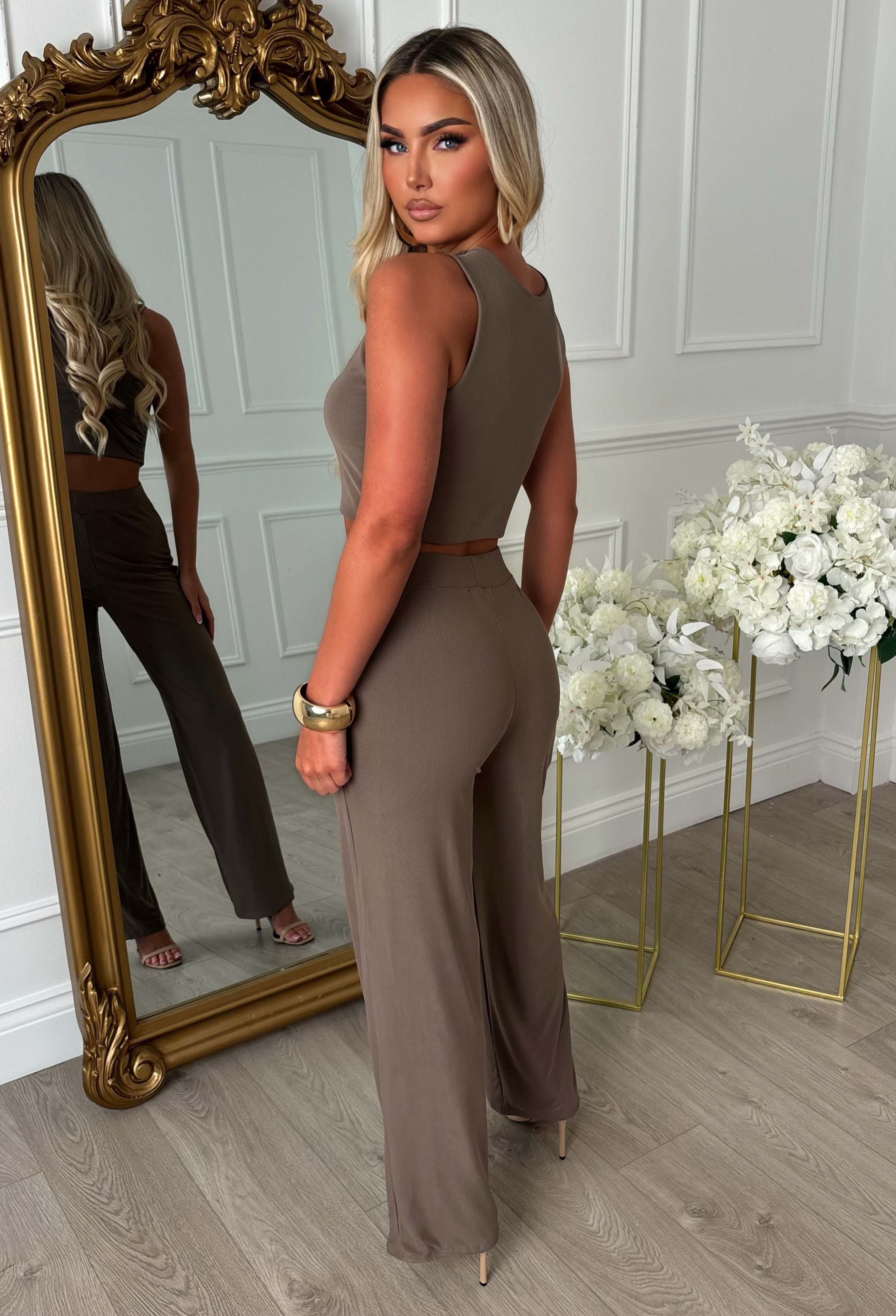 She's Got That Taupe Draped Mesh Top & Trouser Co-ord Set - Image 2