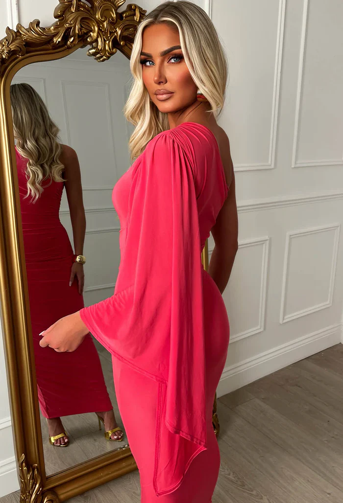 She's Sublime Pink One Shoulder Drape Sleeve Maxi Dress - Image 3