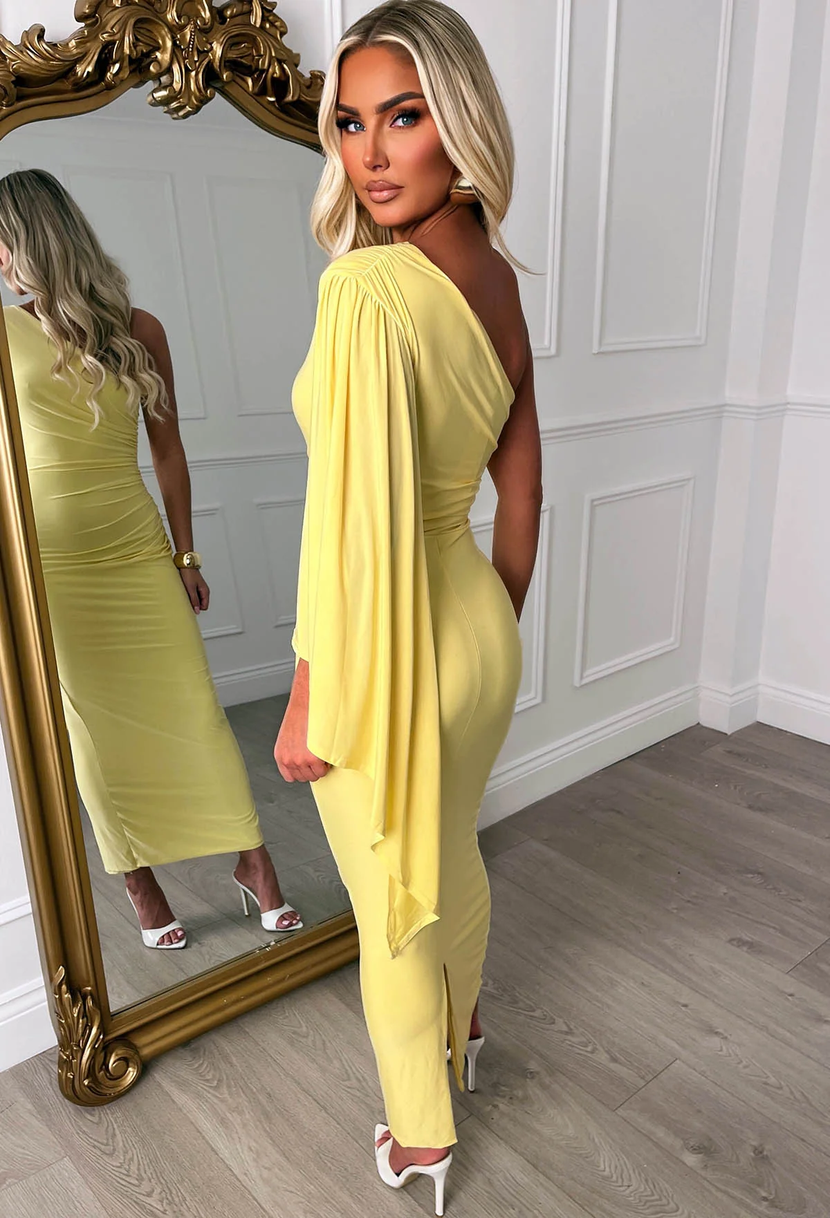She's Sublime Lemon One Shoulder Drape Sleeve Maxi Dress - Image 2
