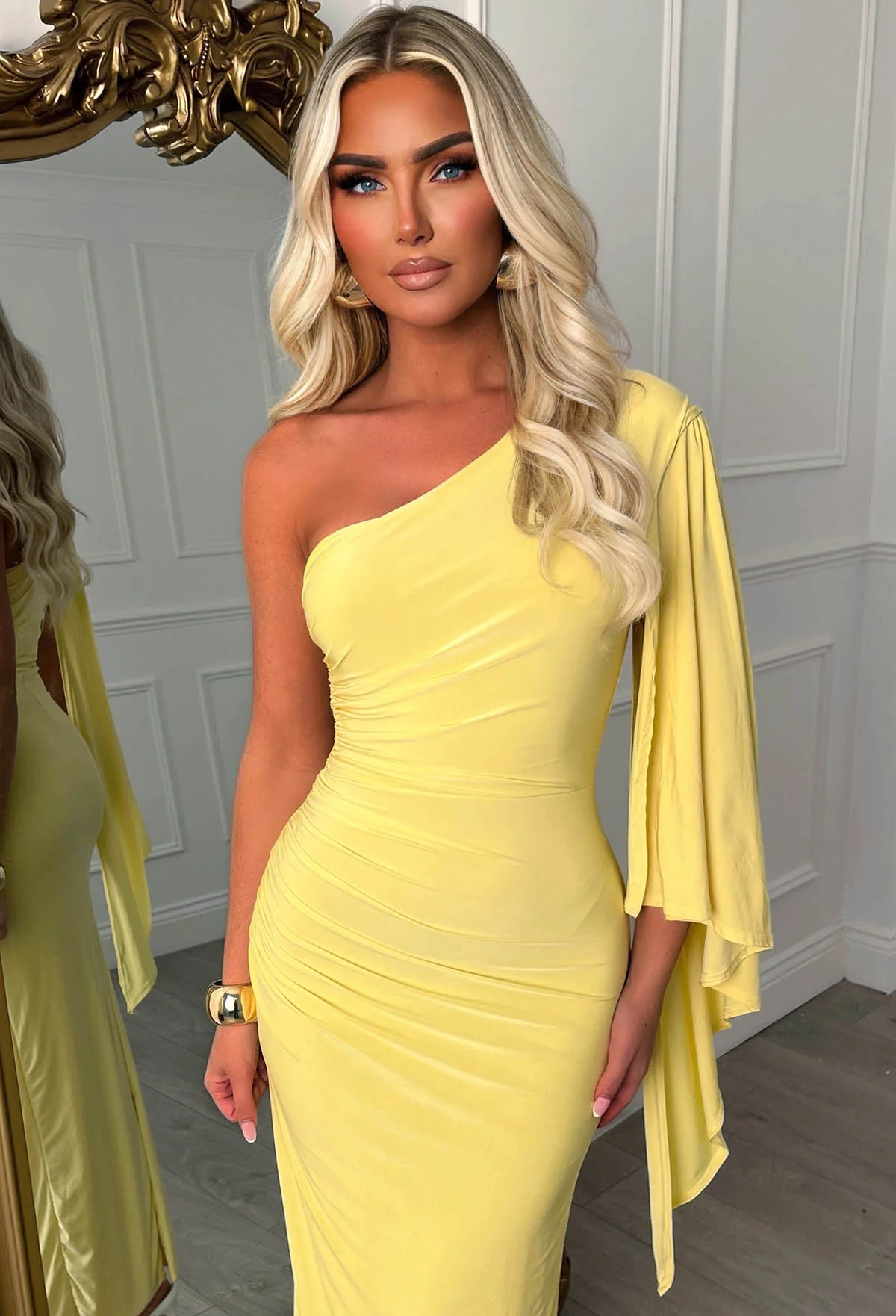 She's Sublime Lemon One Shoulder Drape Sleeve Maxi Dress - Image 3