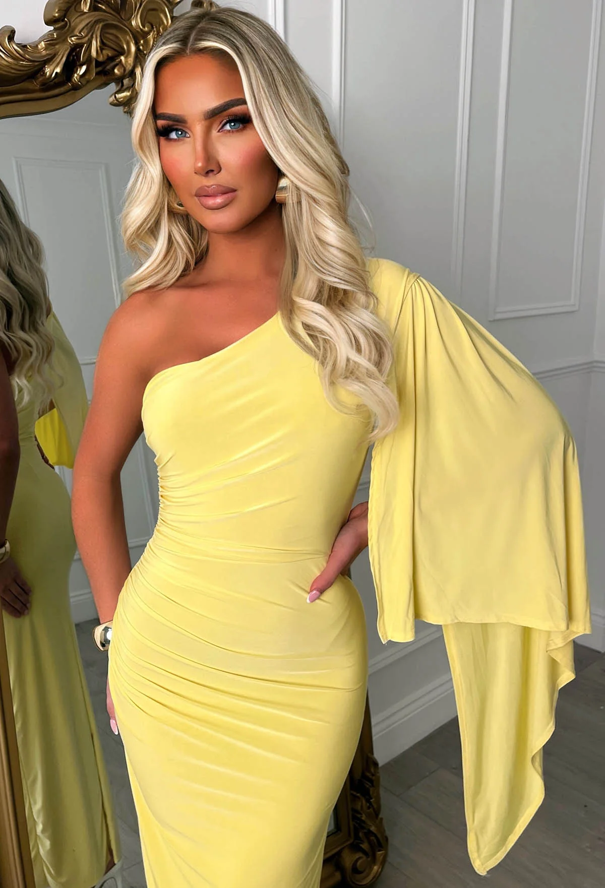 She's Sublime Lemon One Shoulder Drape Sleeve Maxi Dress - Image 4