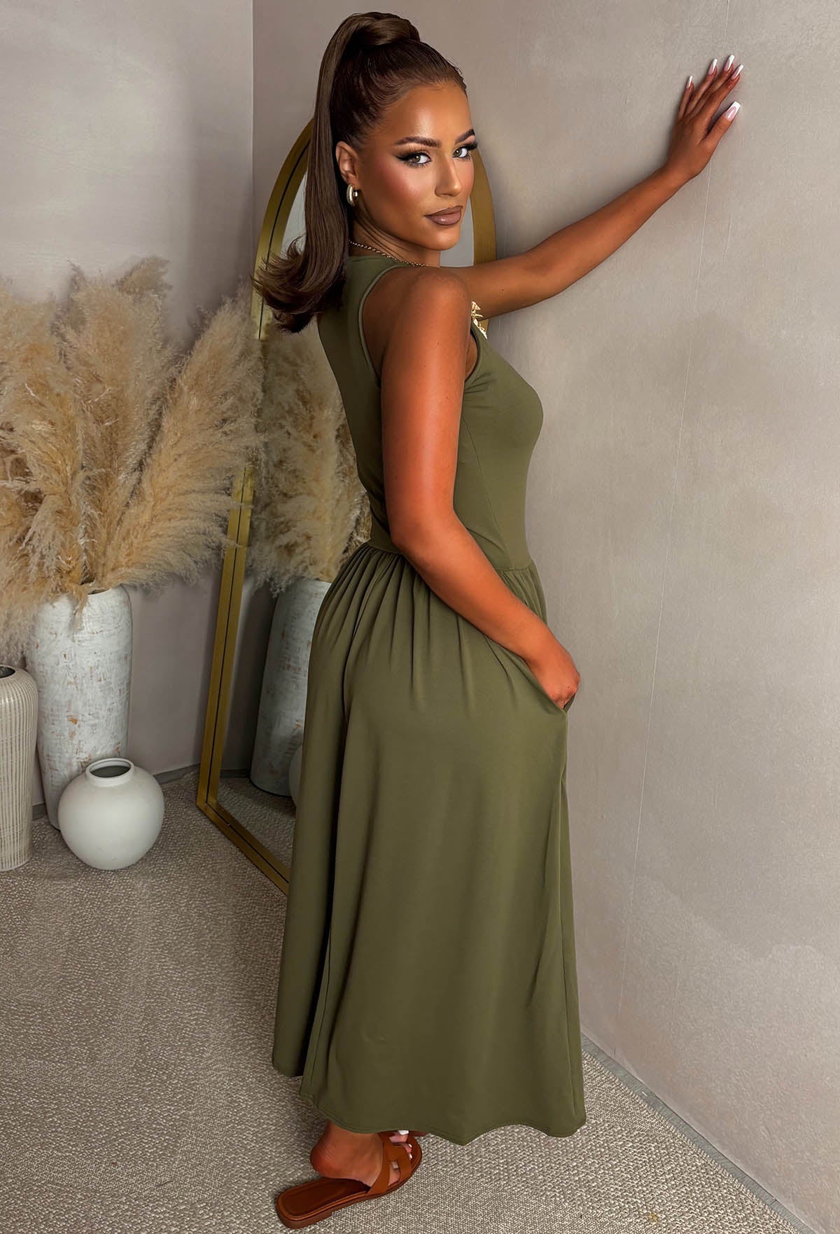 She's The Best Khaki Gathered Skirt Midaxi Dress - Image 2