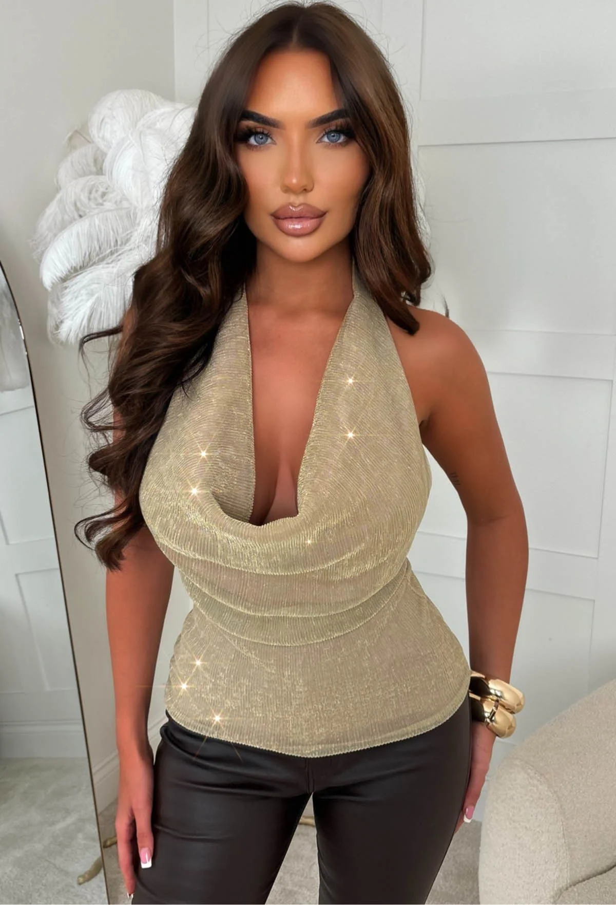 Shimmer Luxe Gold Cowl Neck Top
