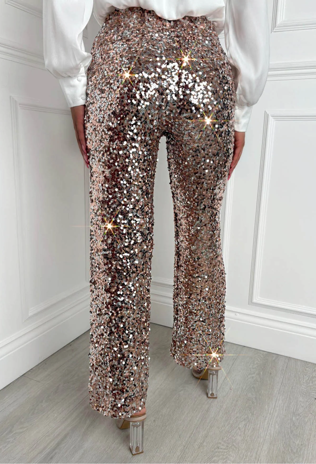 Shimmering Chic Rose Gold Stretch Sequin Flared Trousers - Image 3