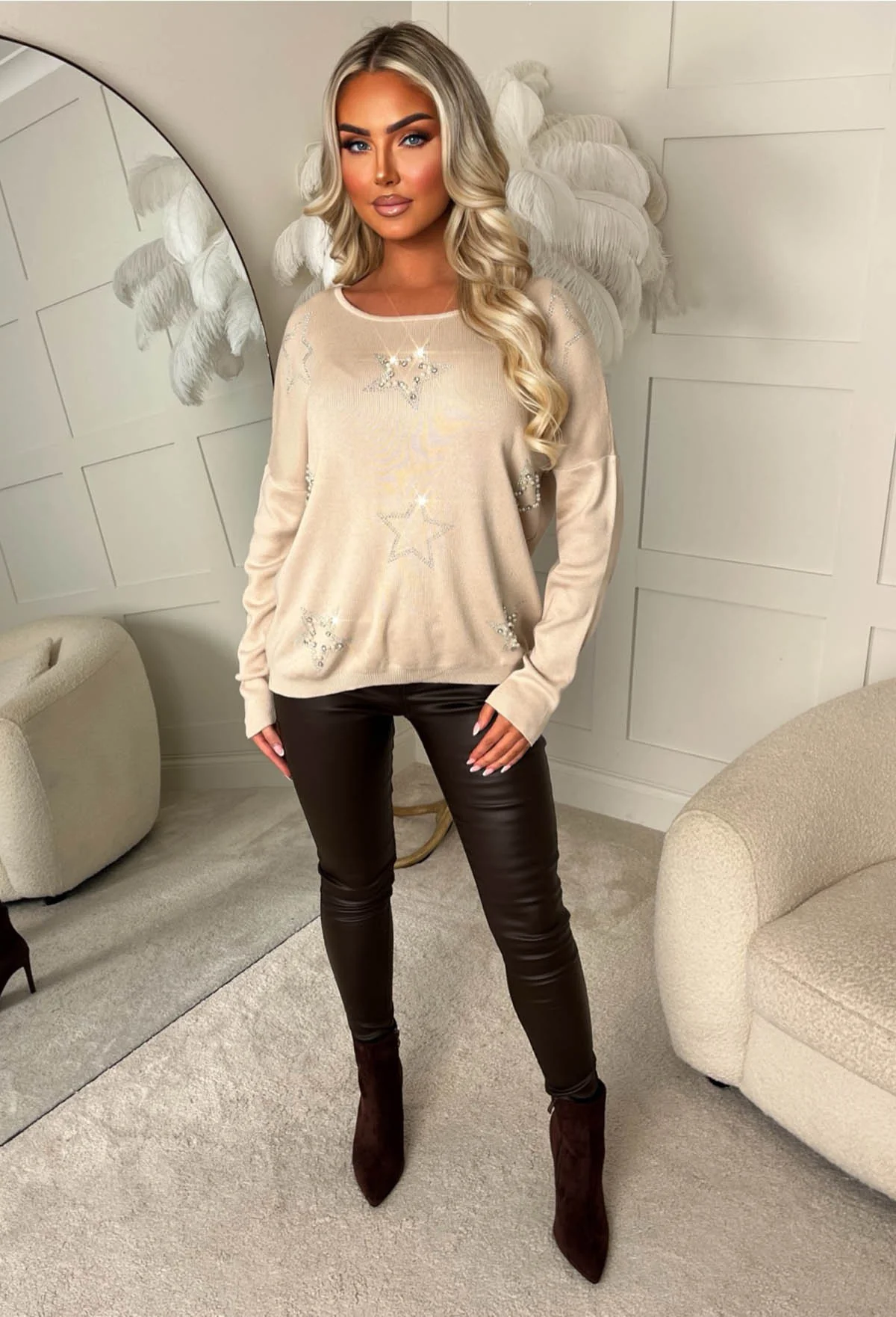 Shine Brightly Beige Pearl Star Knitted Jumper - Image 2