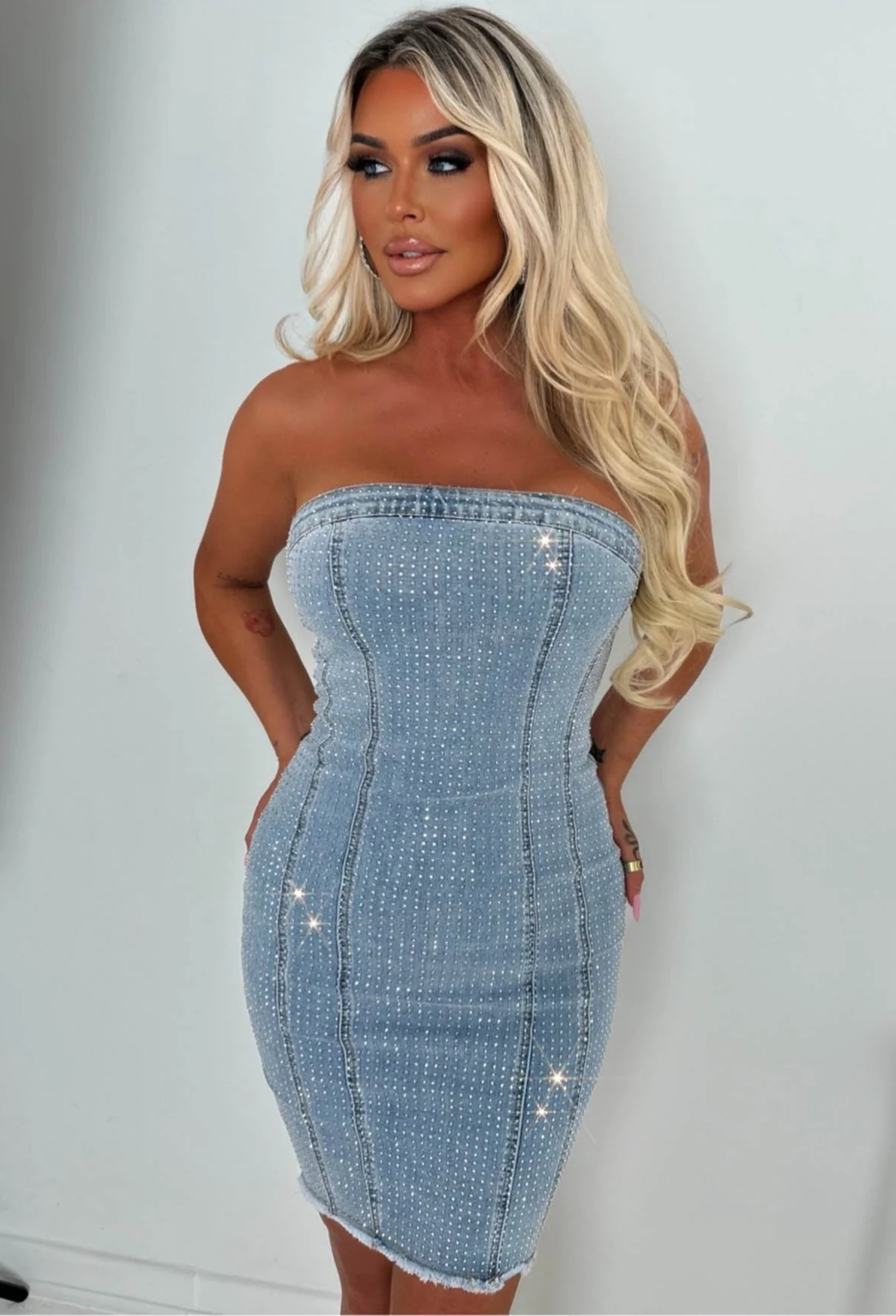 Shine & Chic Mid Wash Stretch Sparkle Bandeau Denim Dress With Frayed Hem