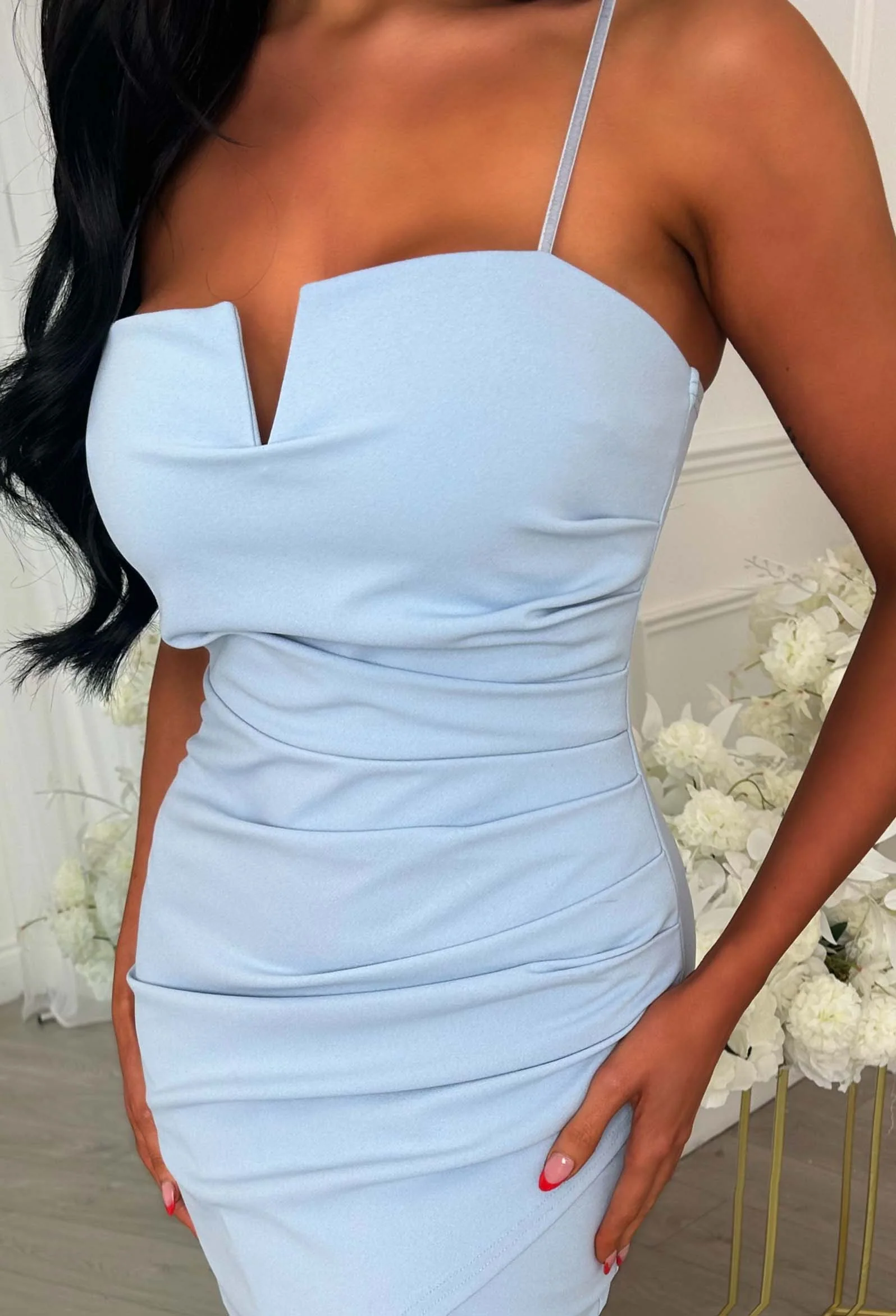 Show Some Love Blue Notch Neck Ruched Midi Dress - Image 3