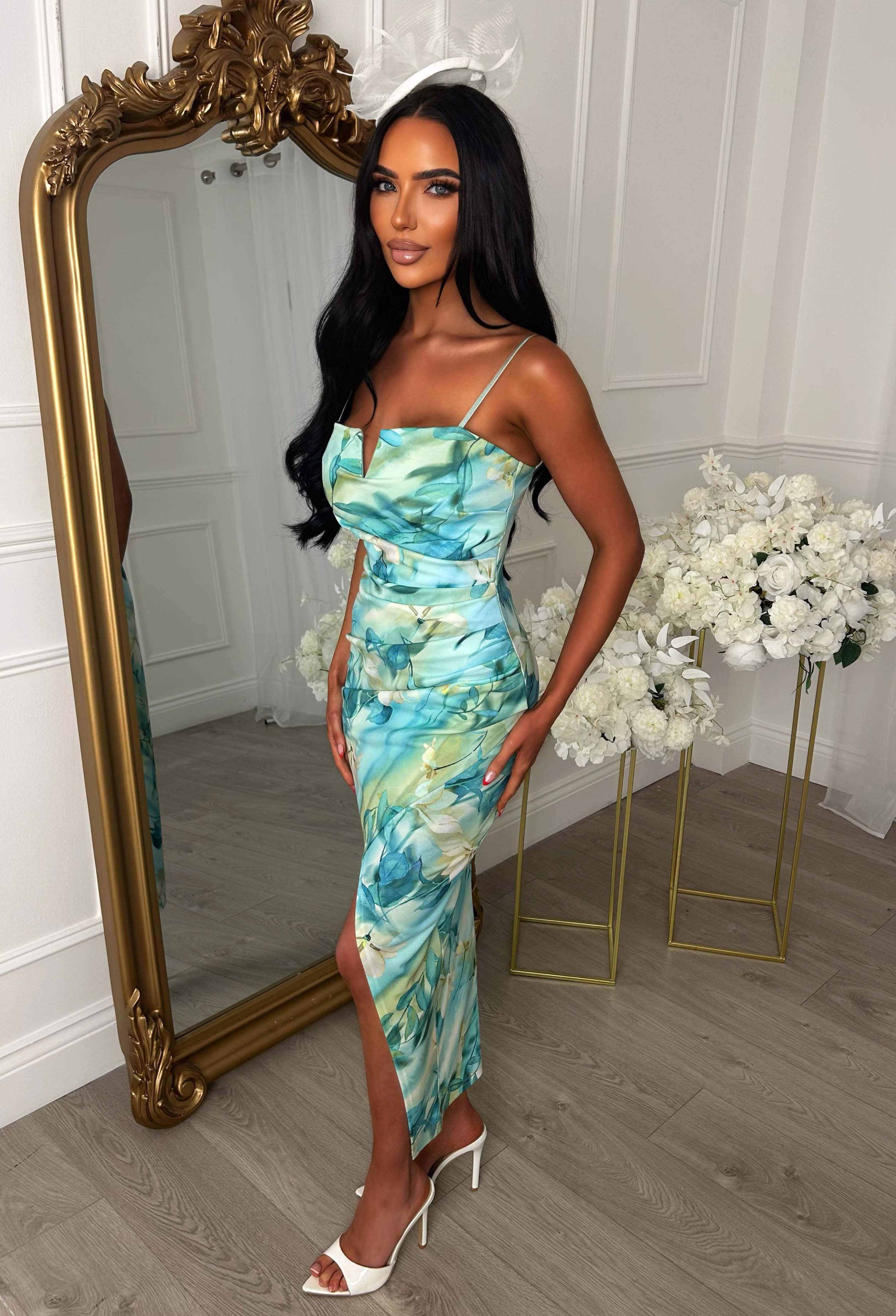 Show Some Love Green Notch Neck Ruched Print Midi Dress - Image 4
