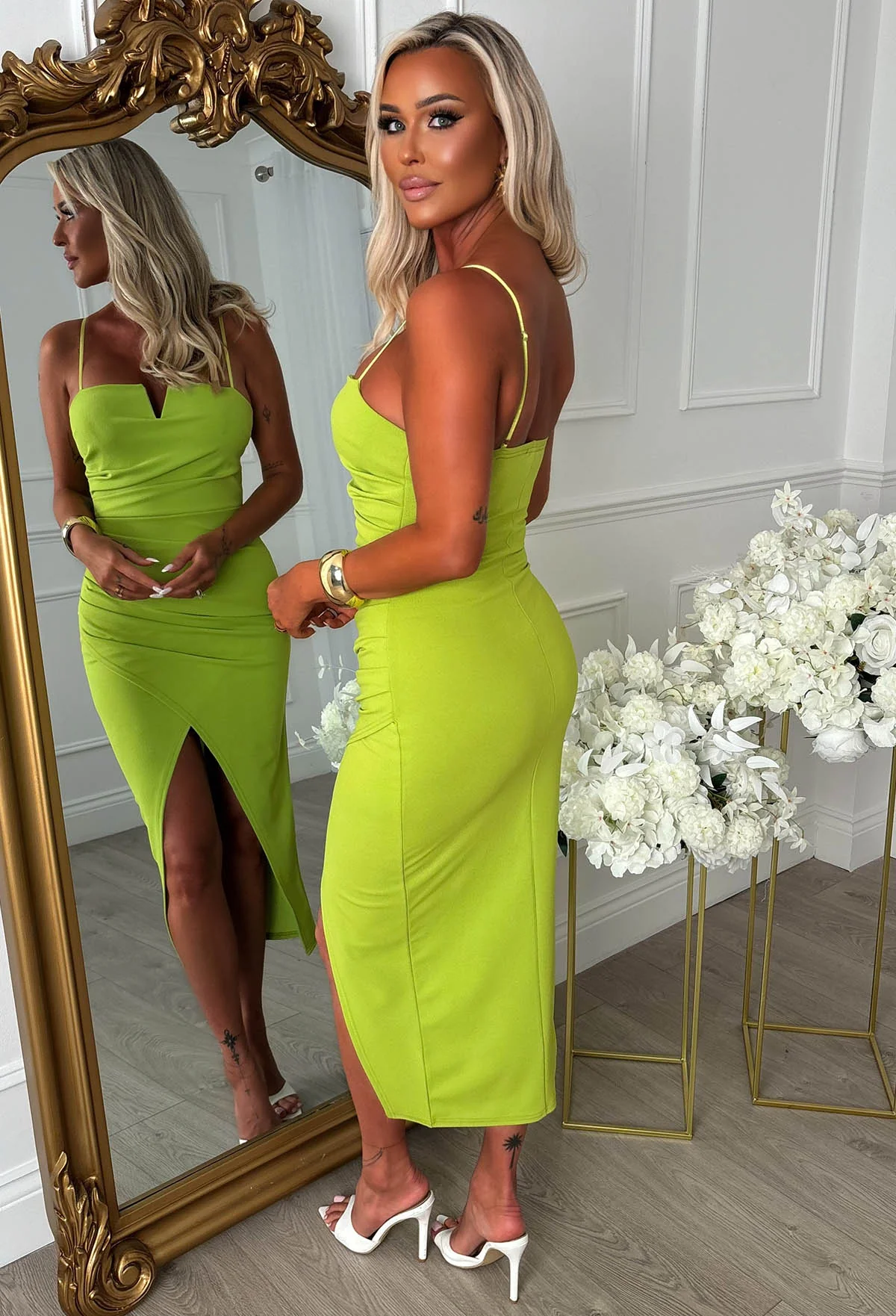 Show Some Love Lime Notch Neck Ruched Print Midi Dress - Image 4