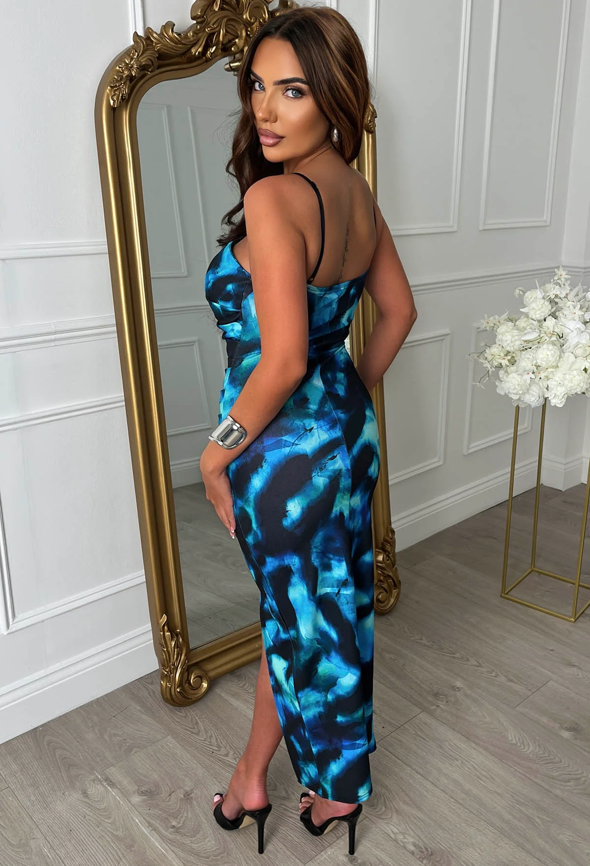 Show Your Wild Side Blue Notch Neck Ruched Print Midi Dress - Image 2