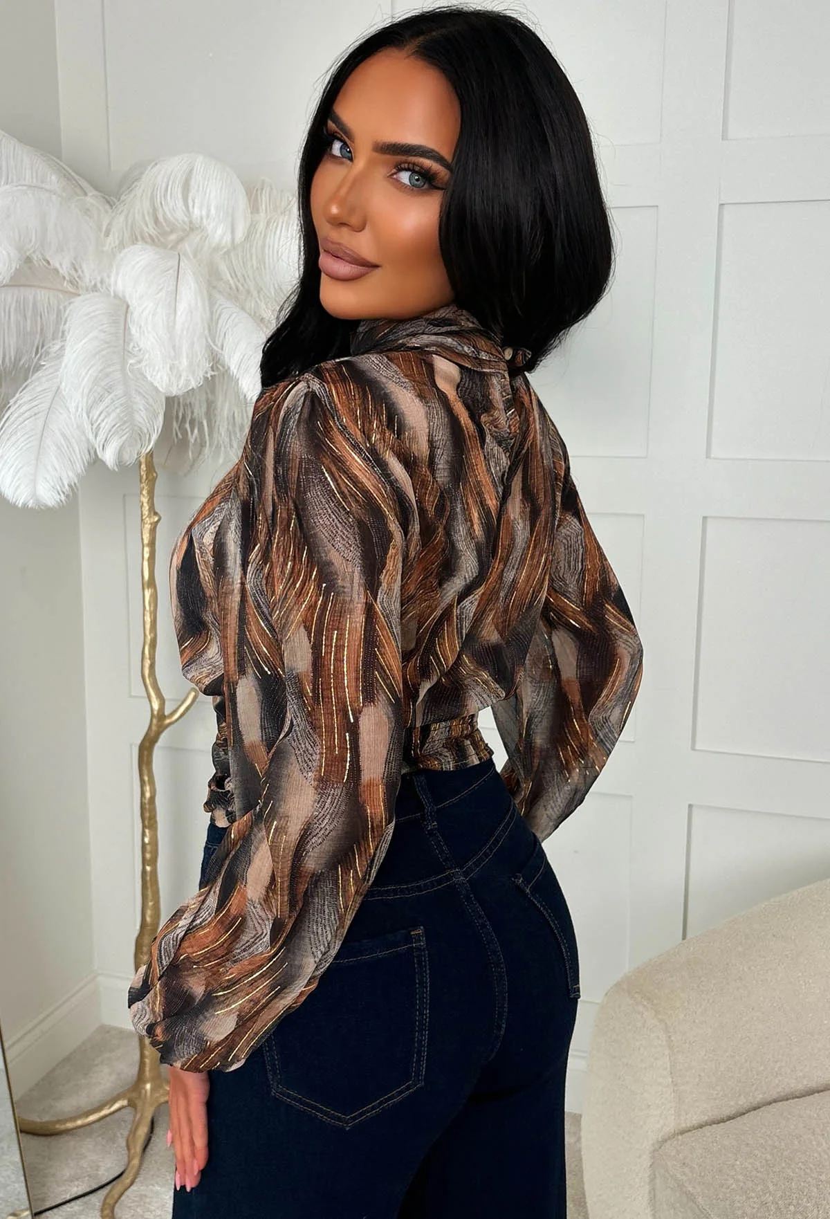 Sienna Brown Hatch Foil Print High Neck Blouse - Image 3