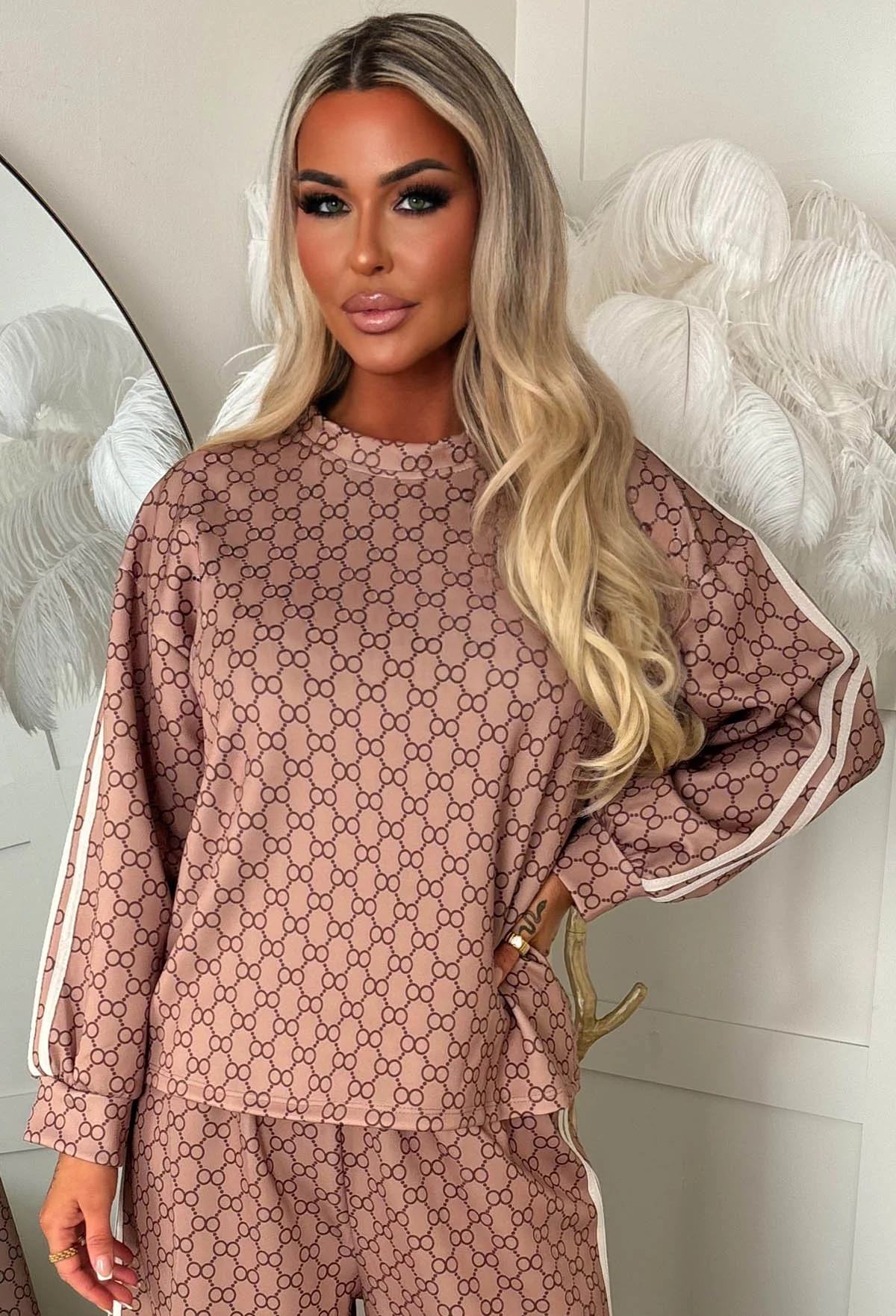 Signature Set Beige Monogram Sweatshirt & Joggers Lounge Co-Ord Set - Image 2