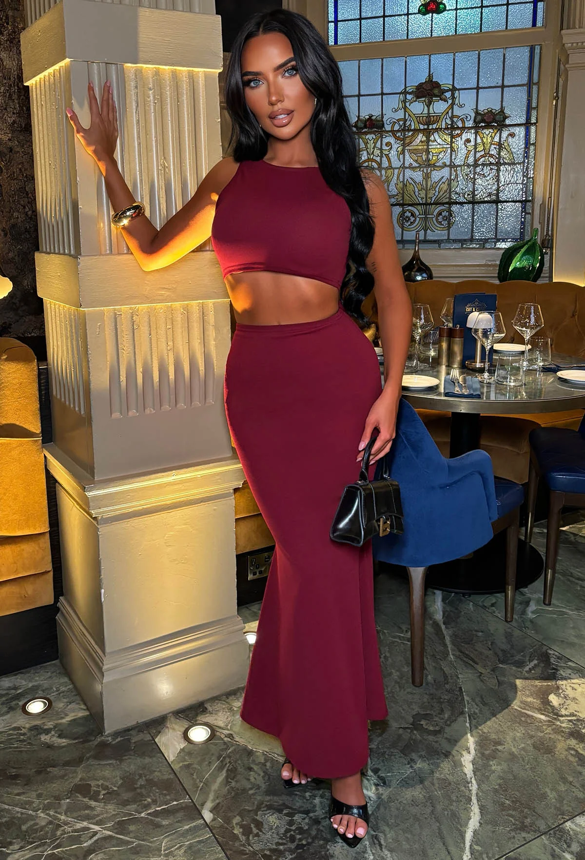 Siren Sister Burgundy Bow Back Maxi Skirt Co-Ord Set - Image 3