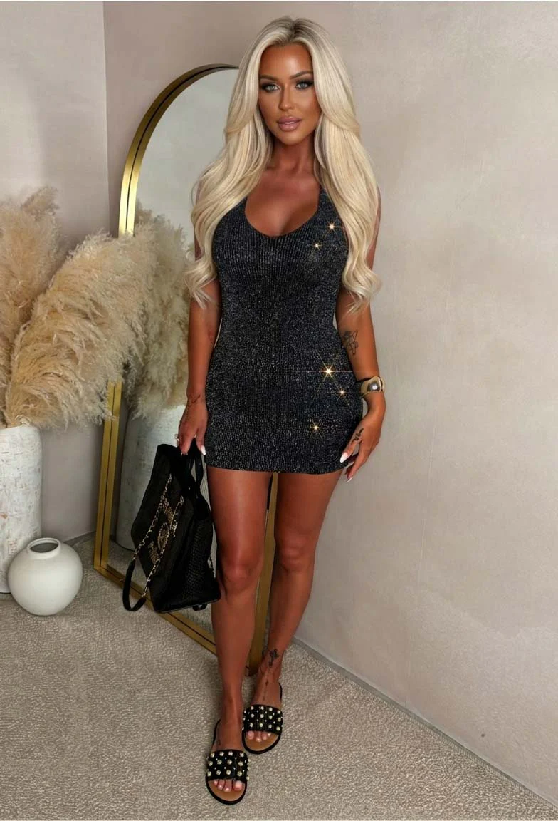Slay Always Black Knitted Halter Neck Lurex Mini Dress - Image 2
