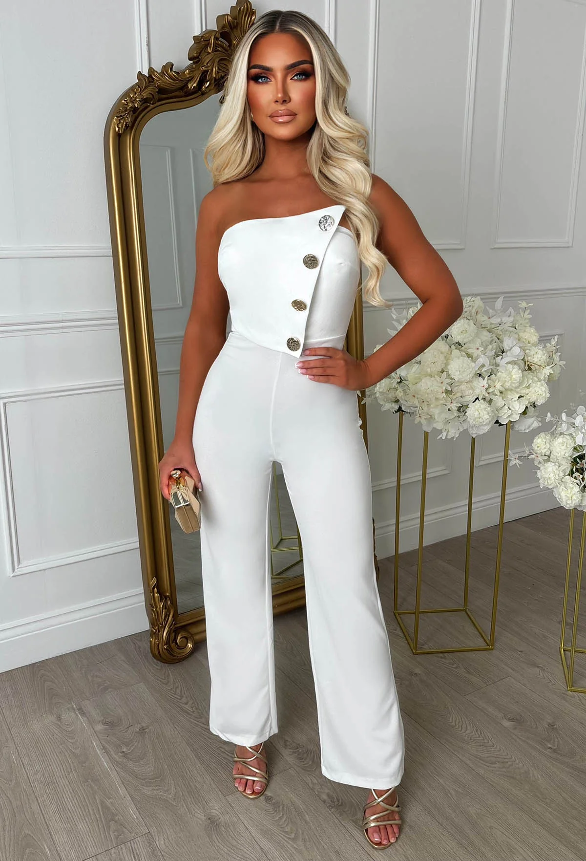 Slay Bae White Button Bandeau Jumpsuit