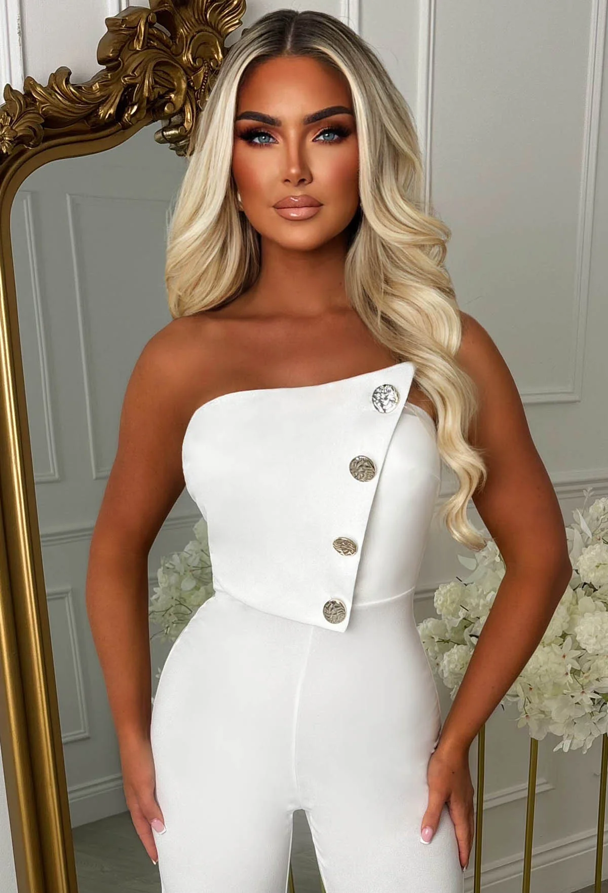 Slay Bae White Button Bandeau Jumpsuit - Image 2
