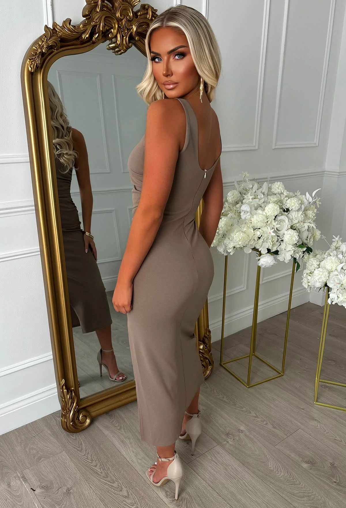 Slay Era Mocha Side Split Slash Neck Dress - Image 2
