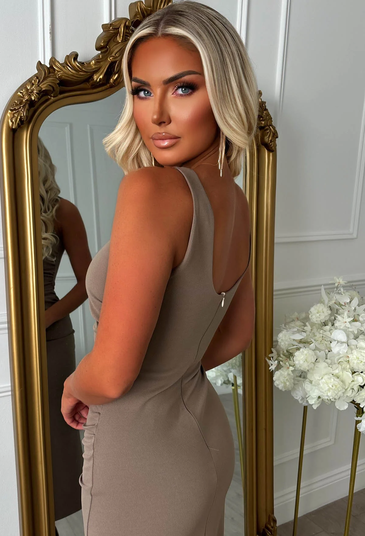 Slay Era Mocha Side Split Slash Neck Dress - Image 4